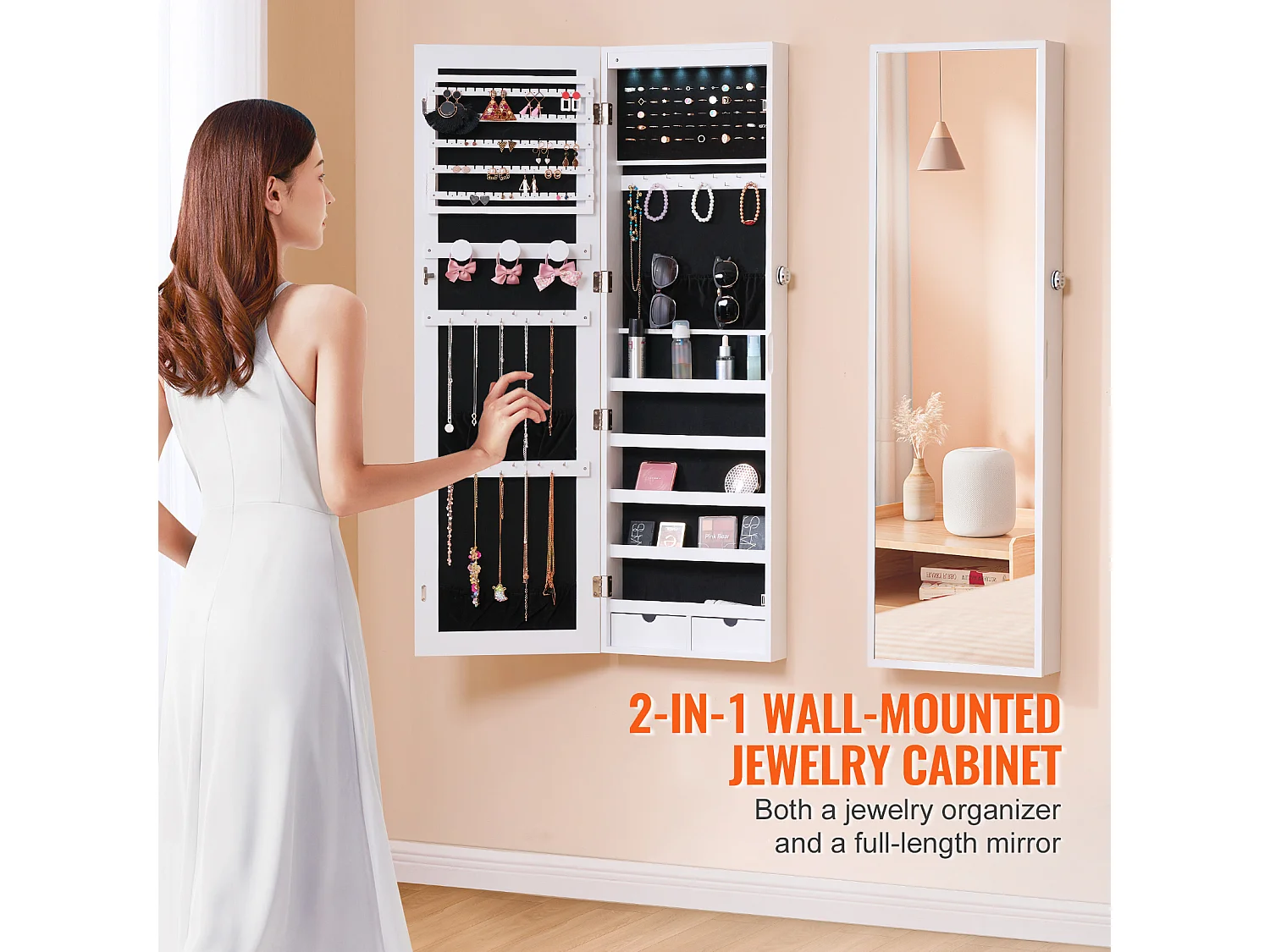 Schmuckschrank SucceBuy , mit Abschließbarem Spiegel, 119,5 cm, Wand-/Türmontage, Weiß