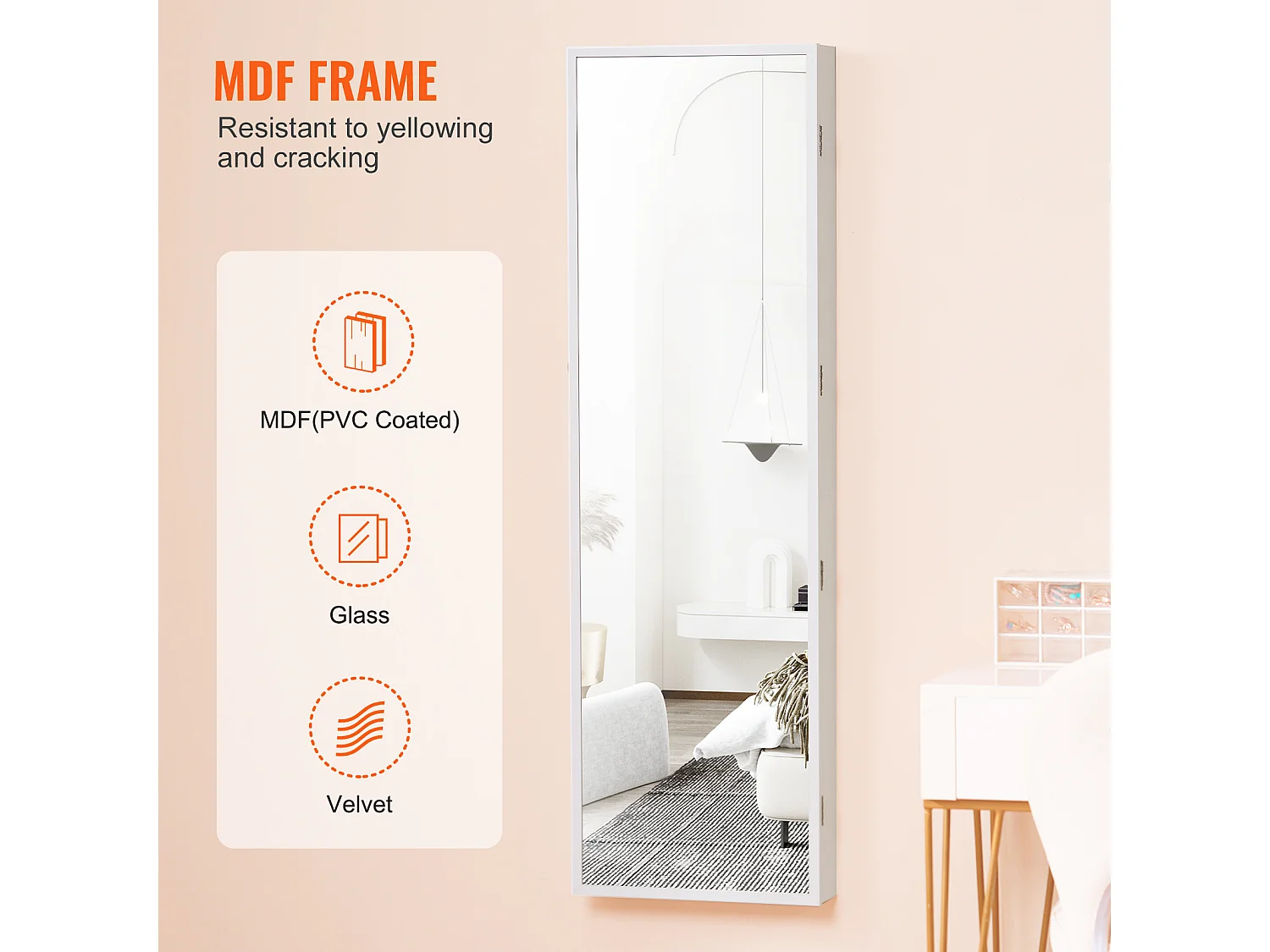 Schmuckschrank SucceBuy , mit Abschließbarem Spiegel, 119,5 cm, Wand-/Türmontage, Weiß