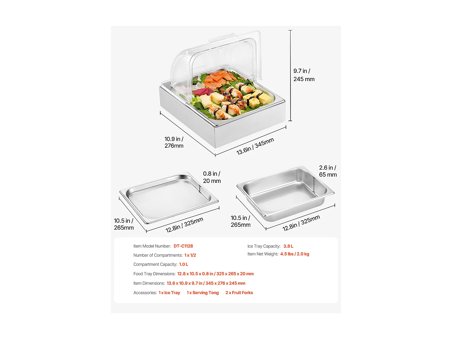 Conteneur d'Affichage Alimentaire de Comptoir SucceBuy, Plateau Distributeur de Buffet Traiteur Contenant de Service 1/2 Contenant