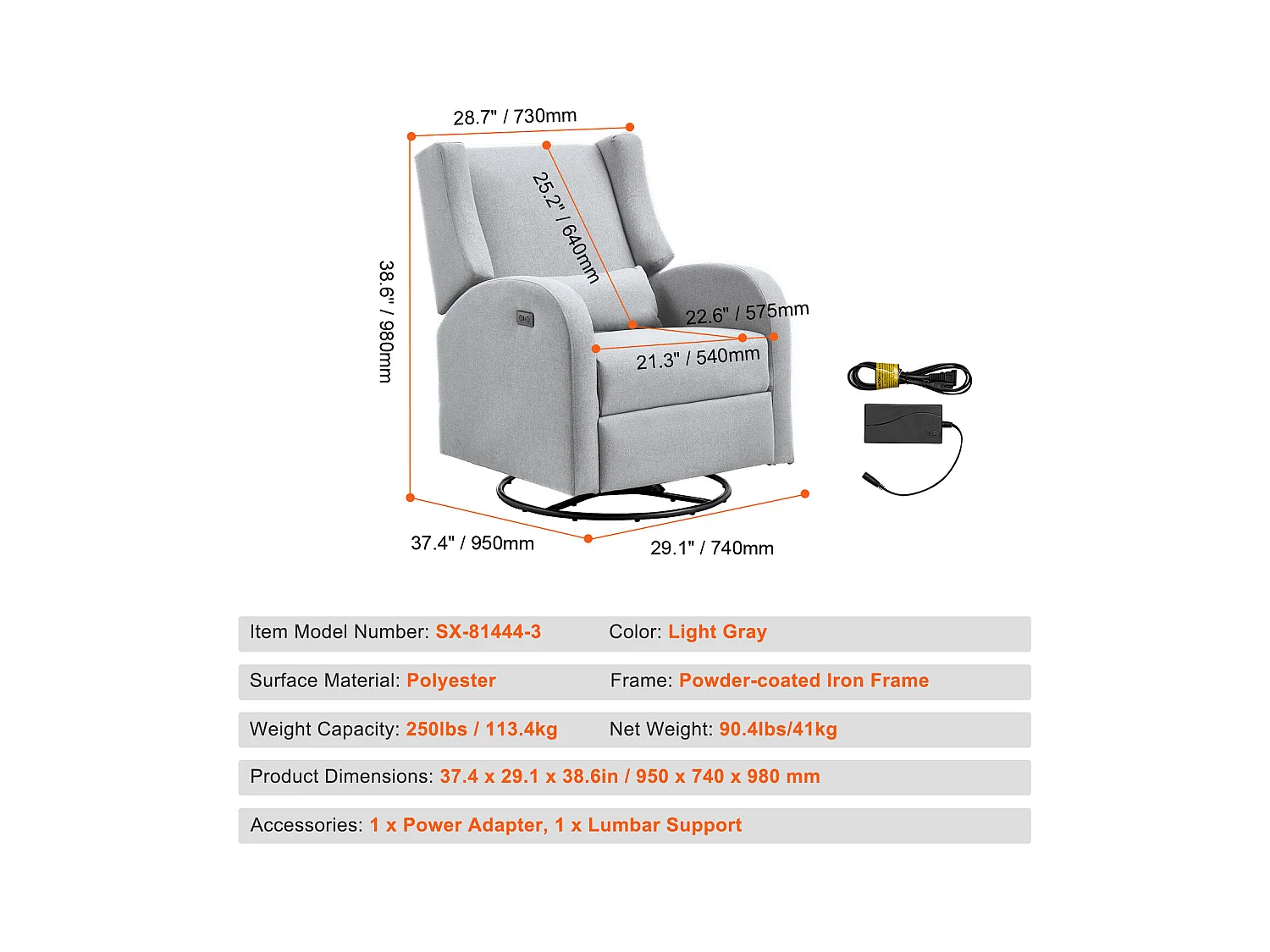 Fauteuil Inclinable et Pivotant Électrique SucceBuy, à Angle Réglable, Gris Clair