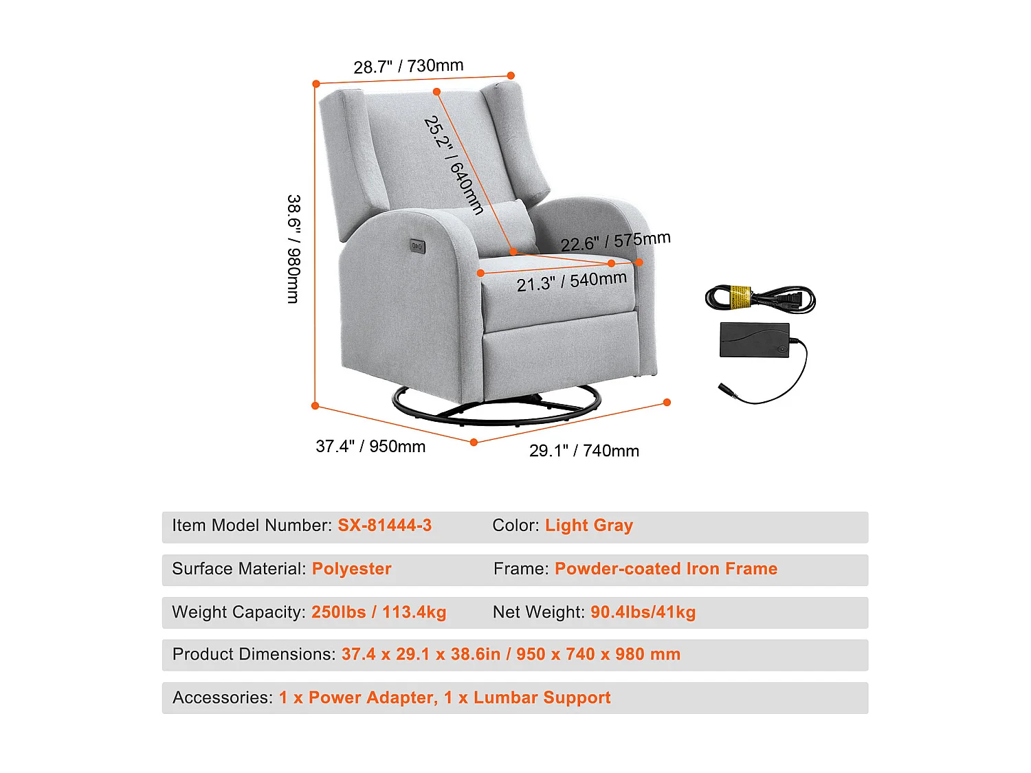 Fauteuil Inclinable et Pivotant Électrique SucceBuy, à Angle Réglable, Gris Clair