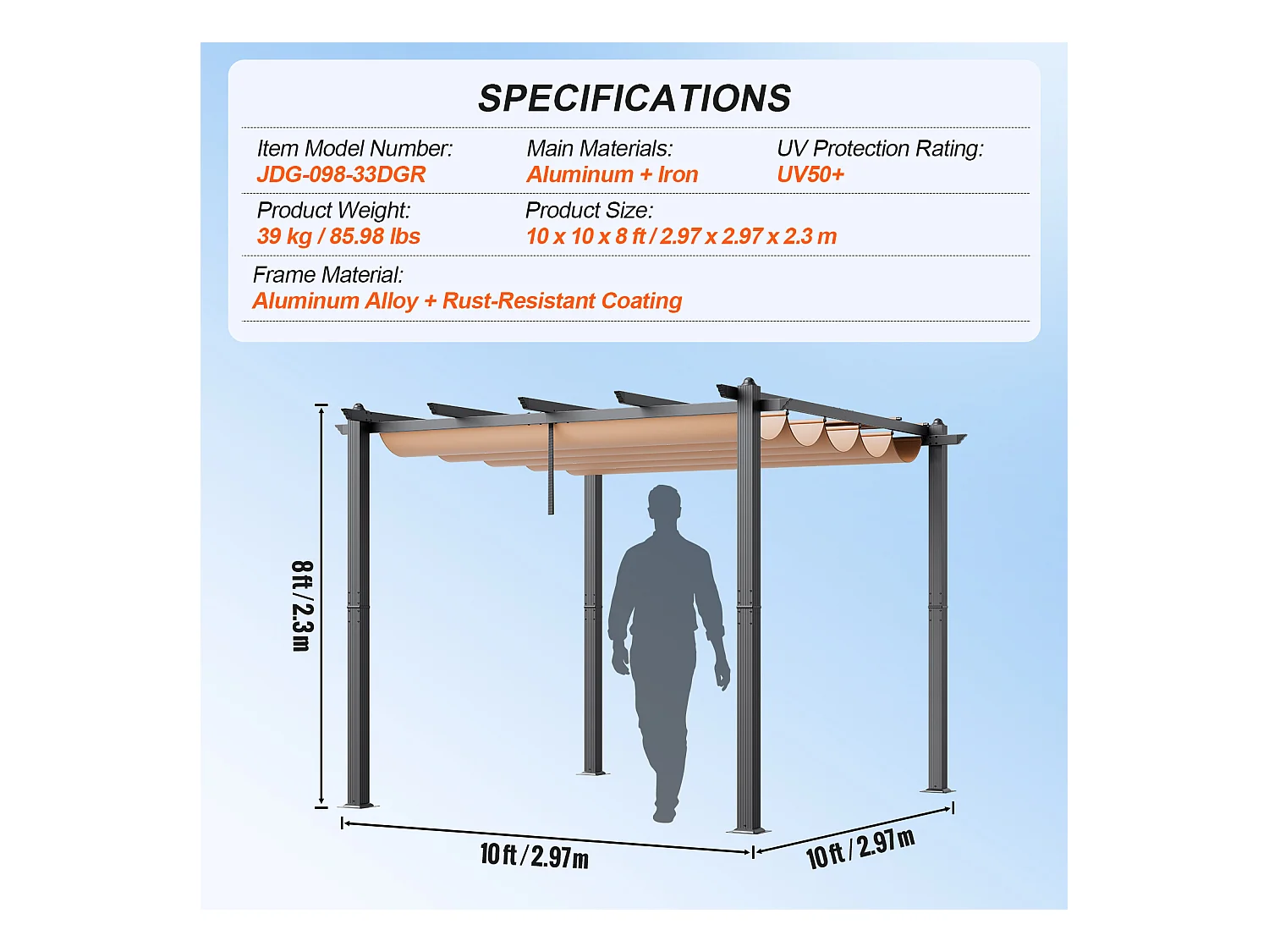Pergola Extérieure Rétractable SucceBuy, 304,8 x 304,8 cm, avec Auvent de Protection Solaire, Aluminium, Beige