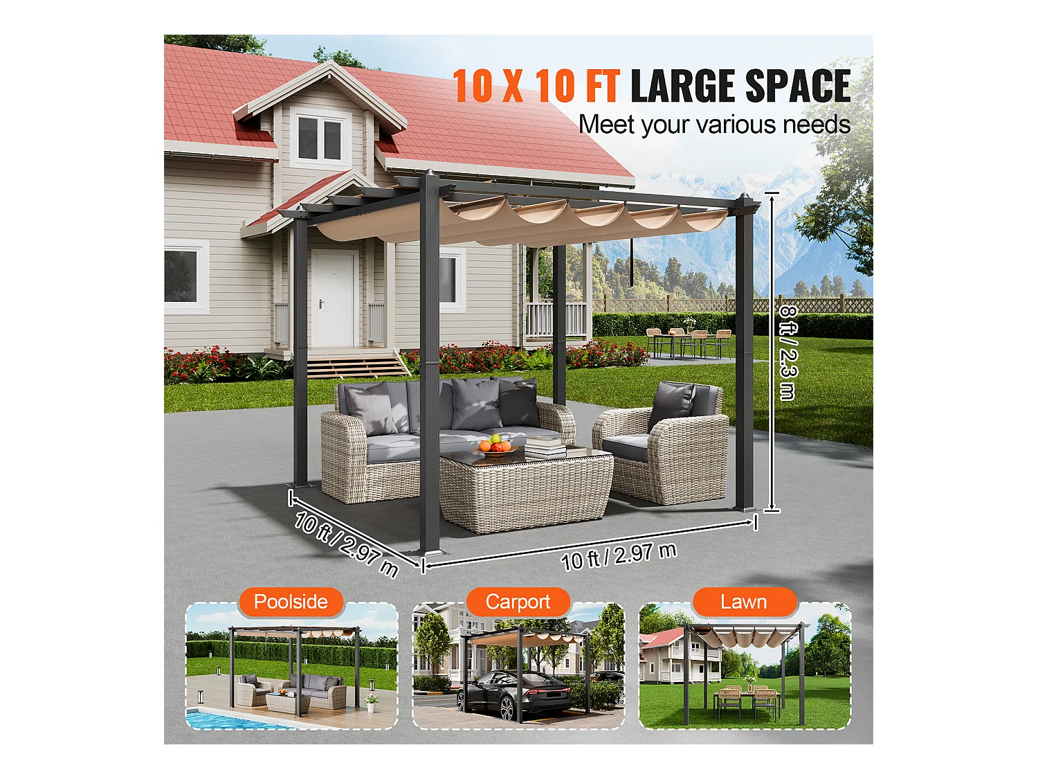 Pergola Extérieure Rétractable SucceBuy, 304,8 x 304,8 cm, avec Auvent de Protection Solaire, Aluminium, Beige