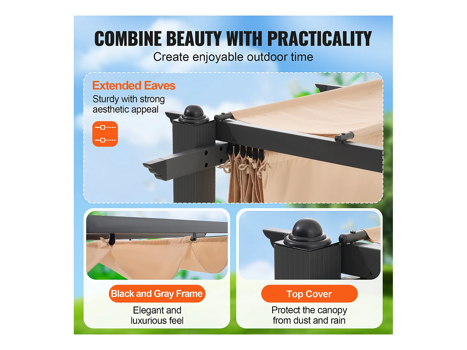 Pergola Extérieure Rétractable SucceBuy, 304,8 x 304,8 cm, avec Auvent de Protection Solaire, Aluminium, Beige