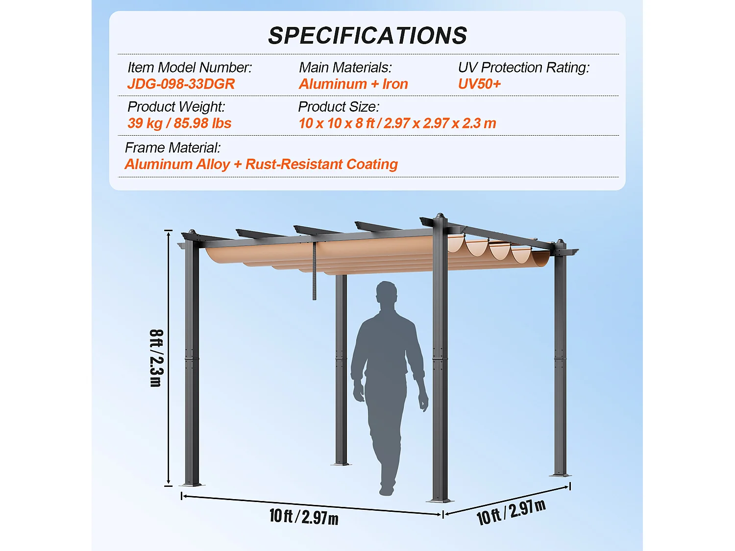 Pergola Extérieure Rétractable SucceBuy, 304,8 x 304,8 cm, avec Auvent de Protection Solaire, Aluminium, Beige