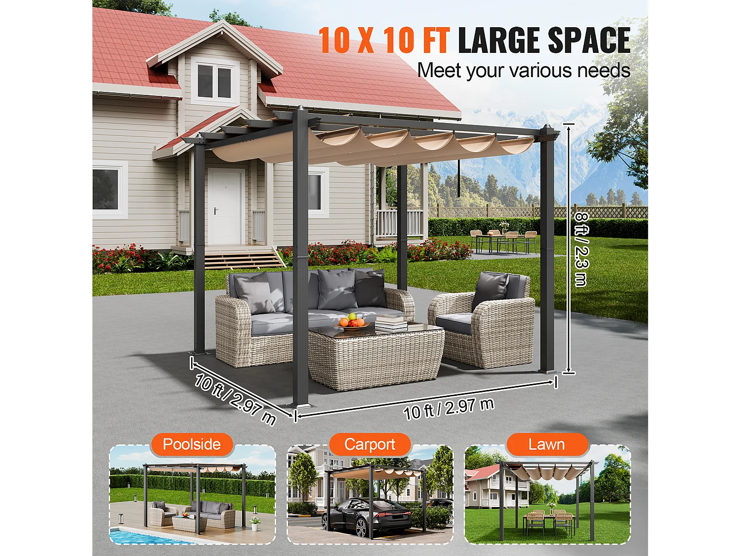 Pergola Extérieure Rétractable SucceBuy, 304,8 x 304,8 cm, avec Auvent de Protection Solaire, Aluminium, Beige