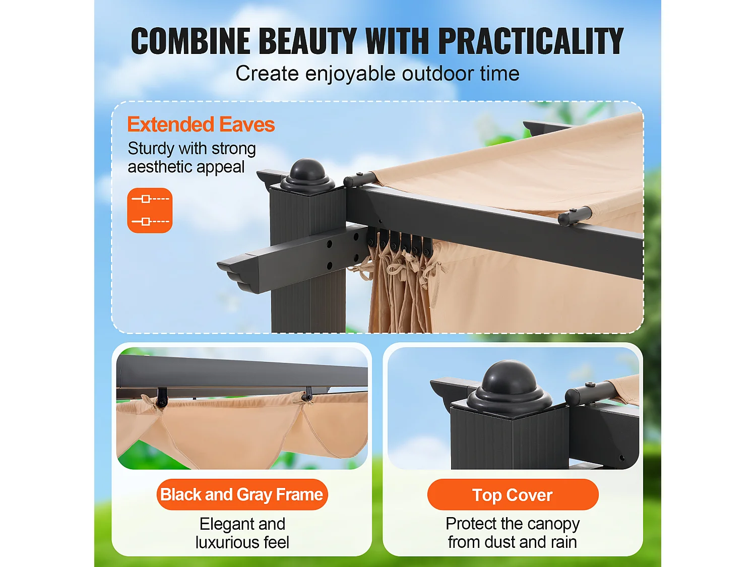 Pergola Extérieure Rétractable SucceBuy, 304,8 x 304,8 cm, avec Auvent de Protection Solaire, Aluminium, Beige