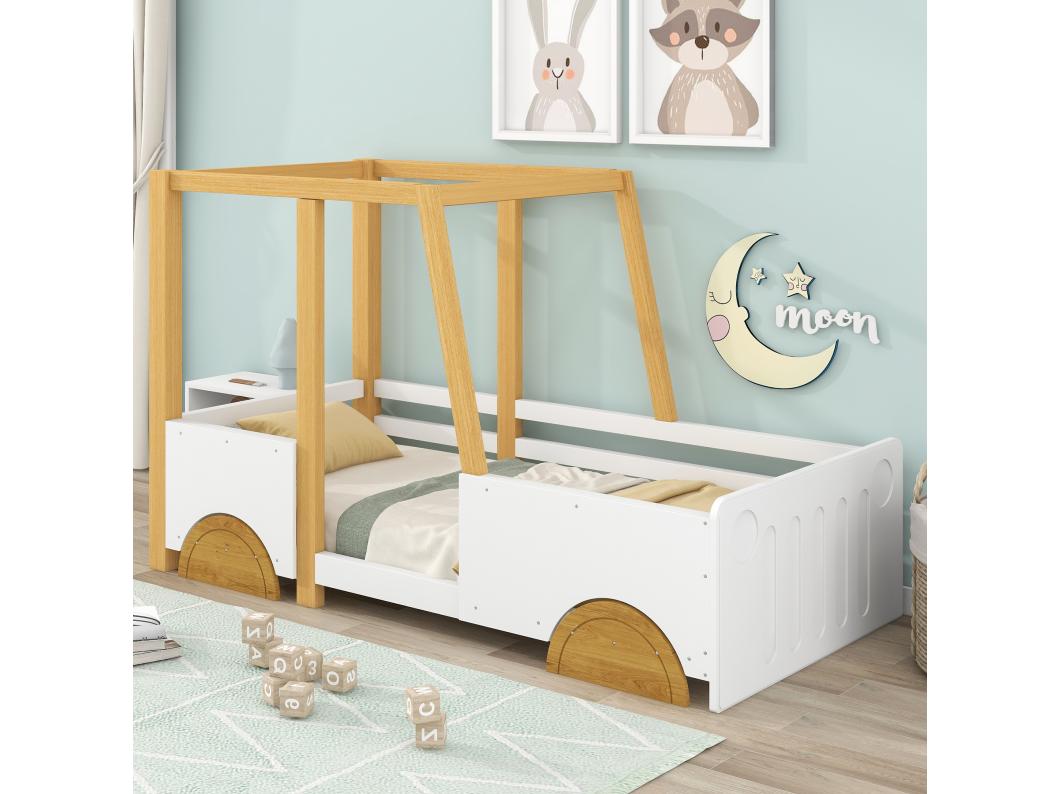 Cama infantil en madera maciza de pino 90x200cm - con forma de coche jeep - Blanco & Natural