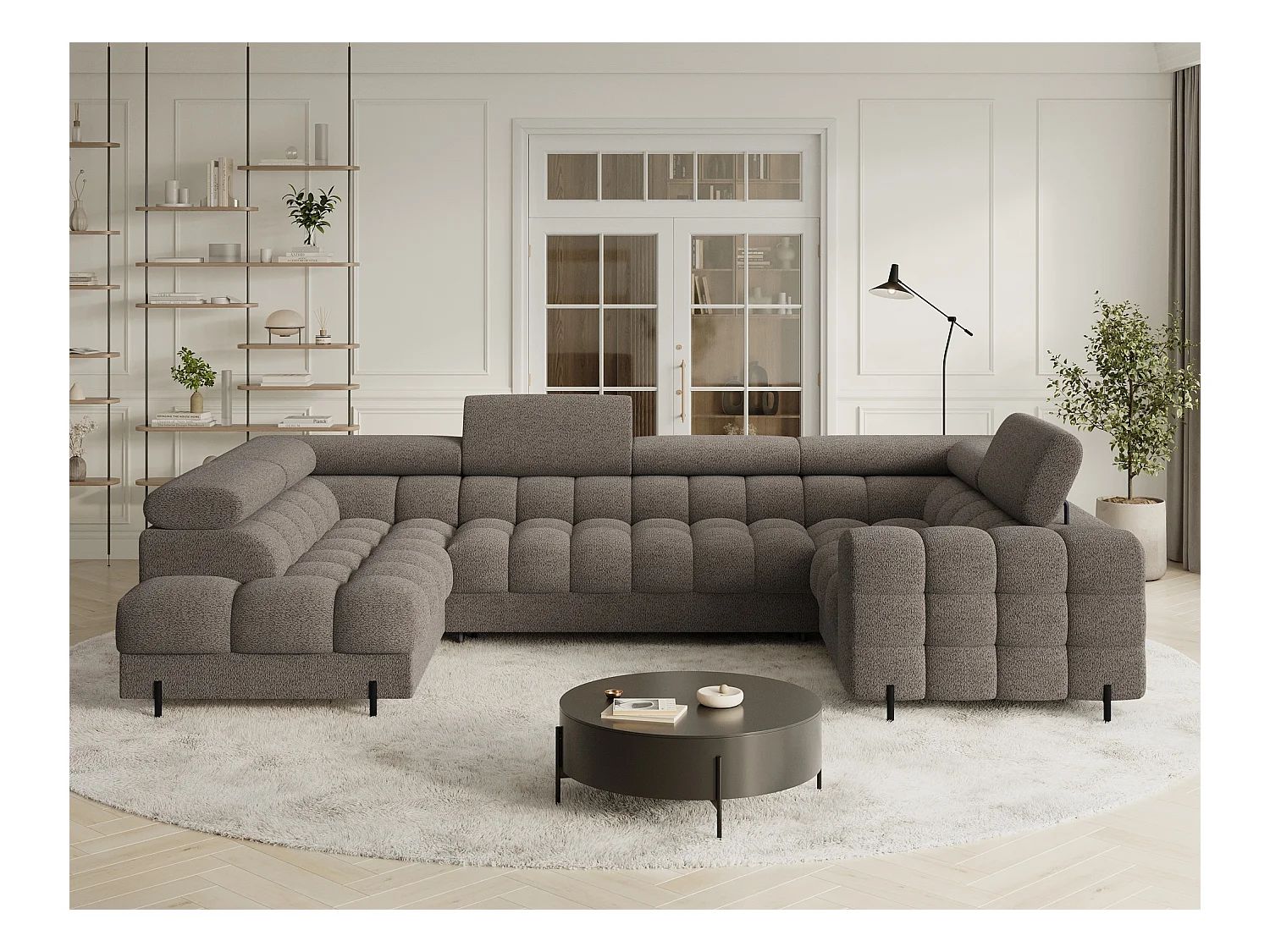 Grand canapé en U en tissu KARBON – Avec fonction lit et coffre-Marron-Méridienne A gauche