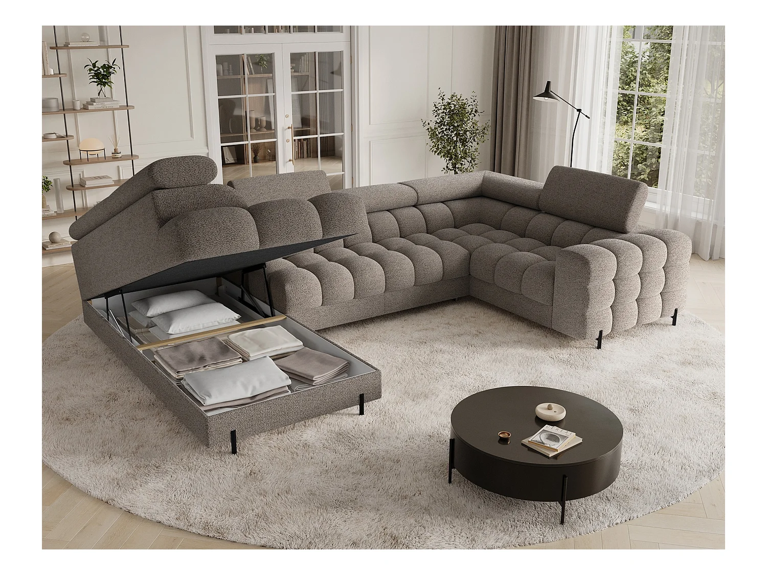 Grand canapé en U en tissu KARBON – Avec fonction lit et coffre-Marron-Méridienne A gauche