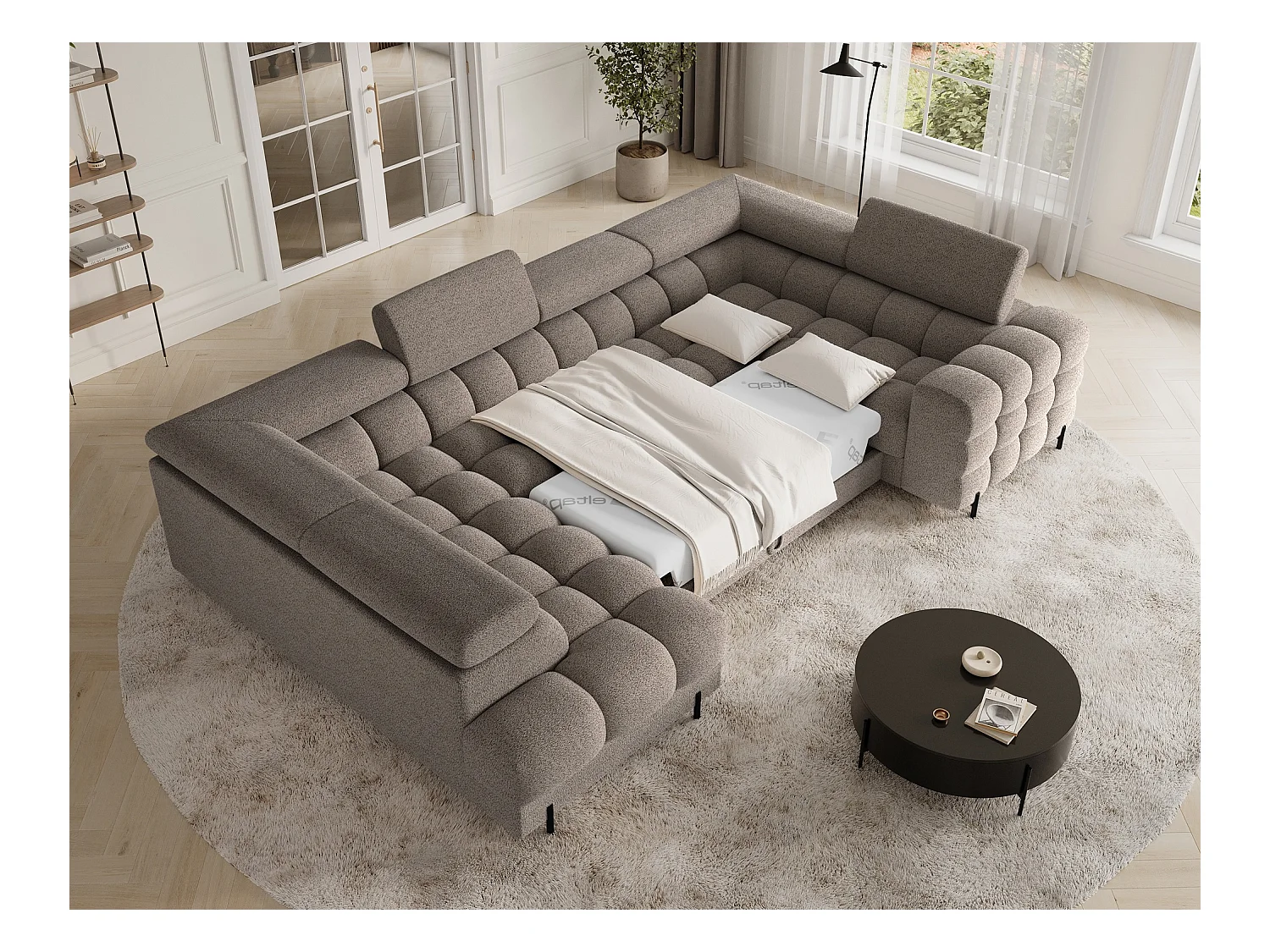 Grand canapé en U en tissu KARBON – Avec fonction lit et coffre-Marron-Méridienne A gauche