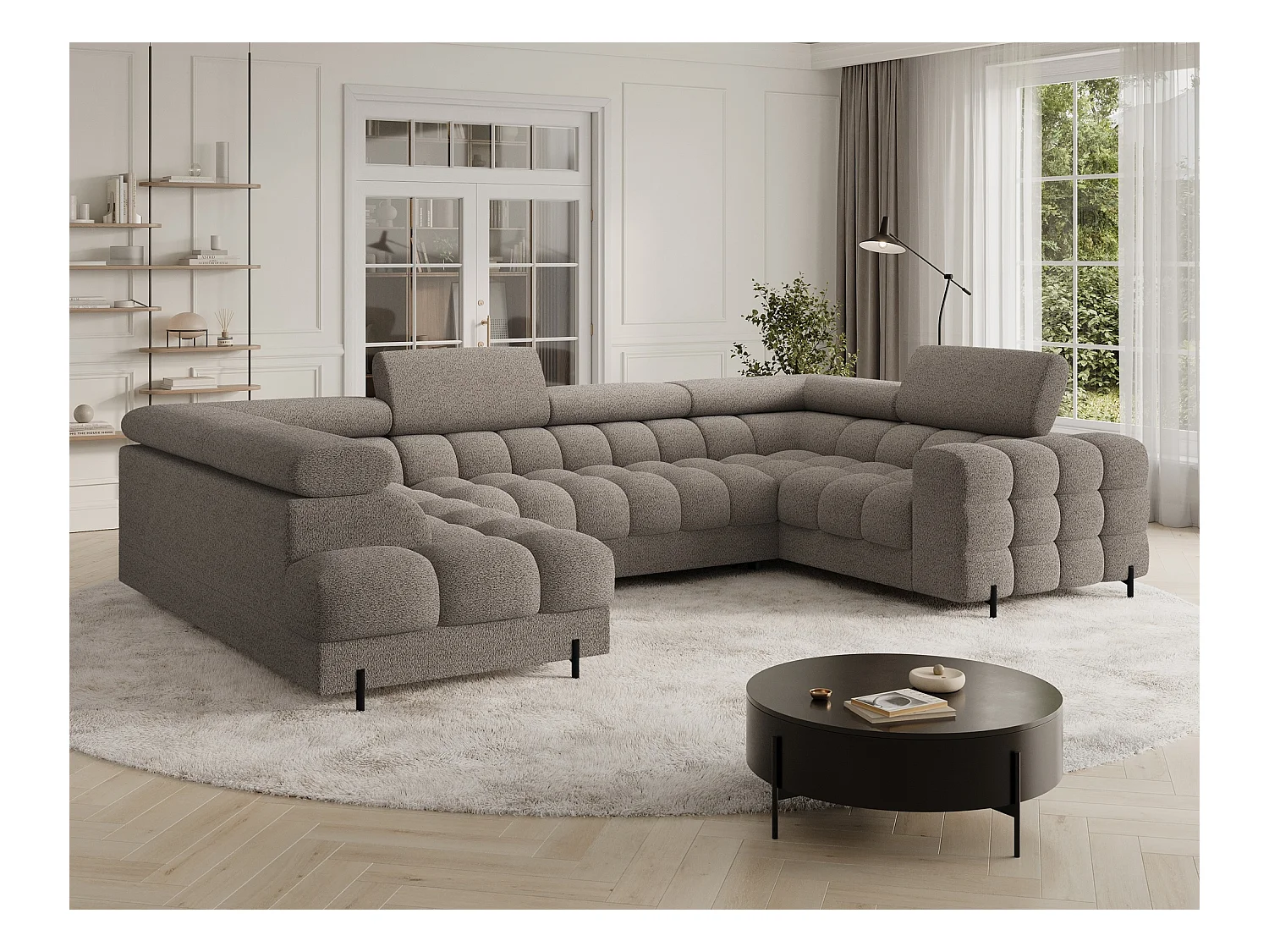 Grand canapé en U en tissu KARBON – Avec fonction lit et coffre-Marron-Méridienne A gauche