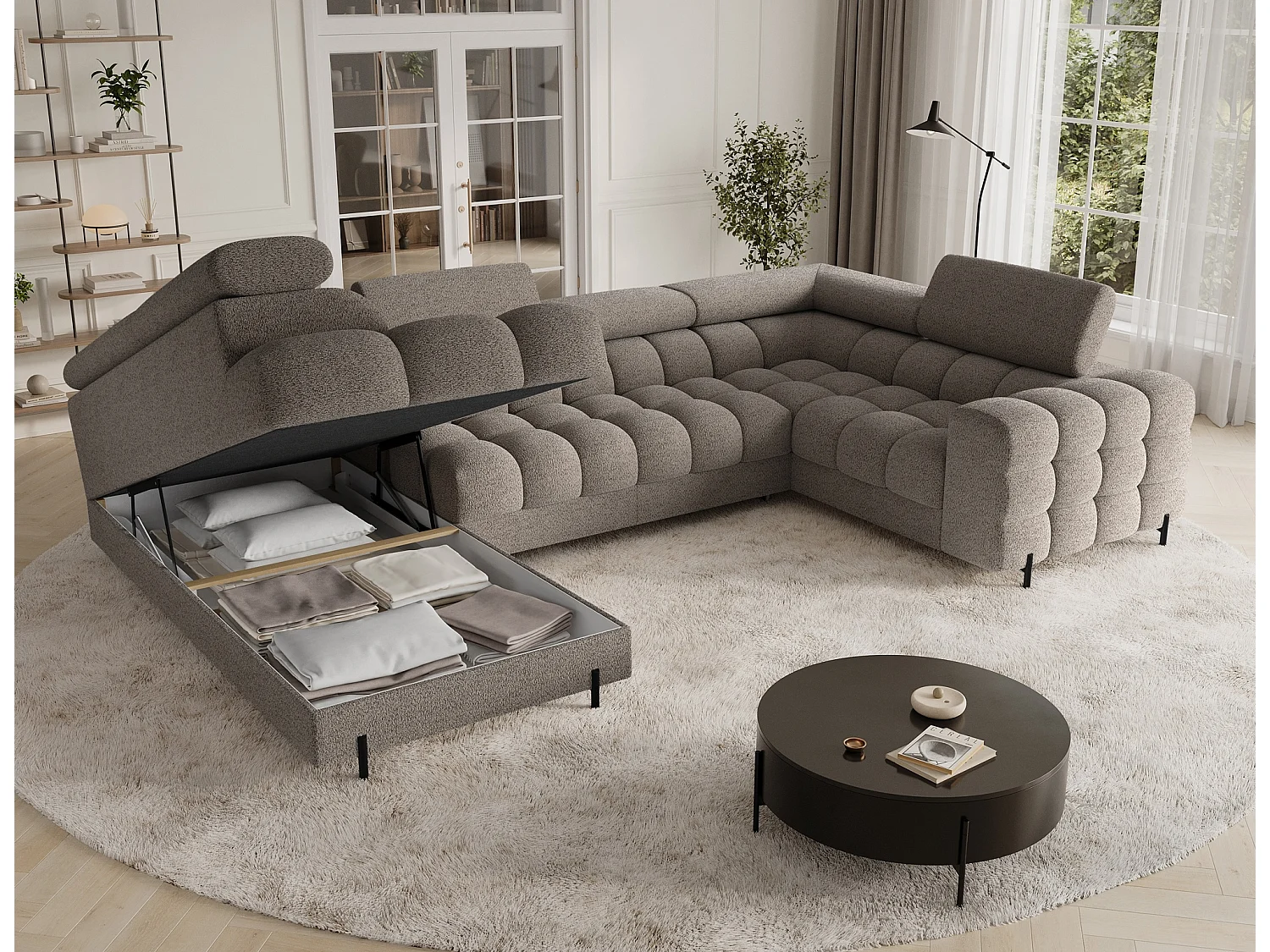 Grand canapé en U en tissu KARBON – Avec fonction lit et coffre-Marron-Méridienne A gauche