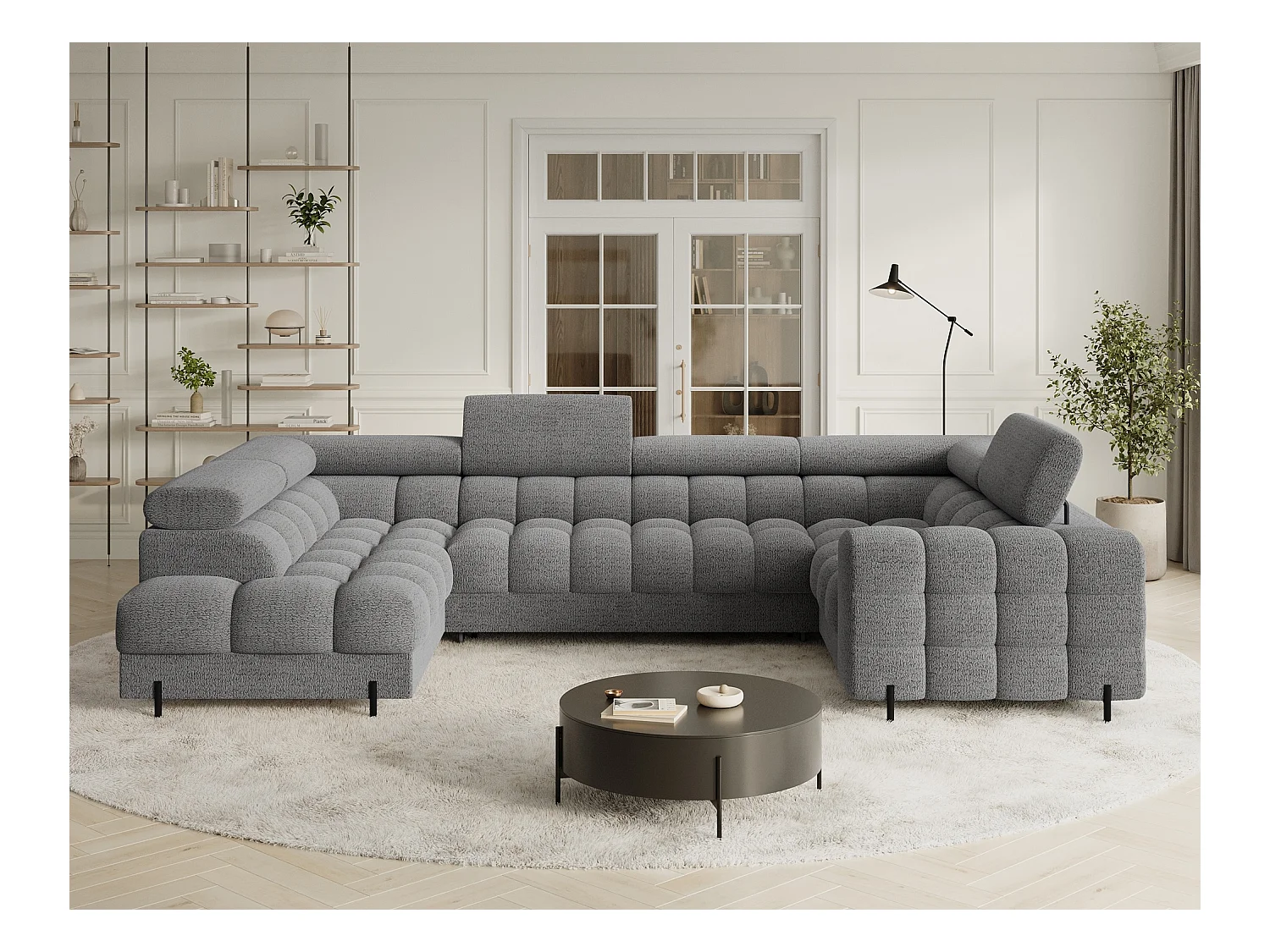 Grand canapé en U en tissu KARBON – Avec fonction lit et coffre-Gris-Méridienne A gauche