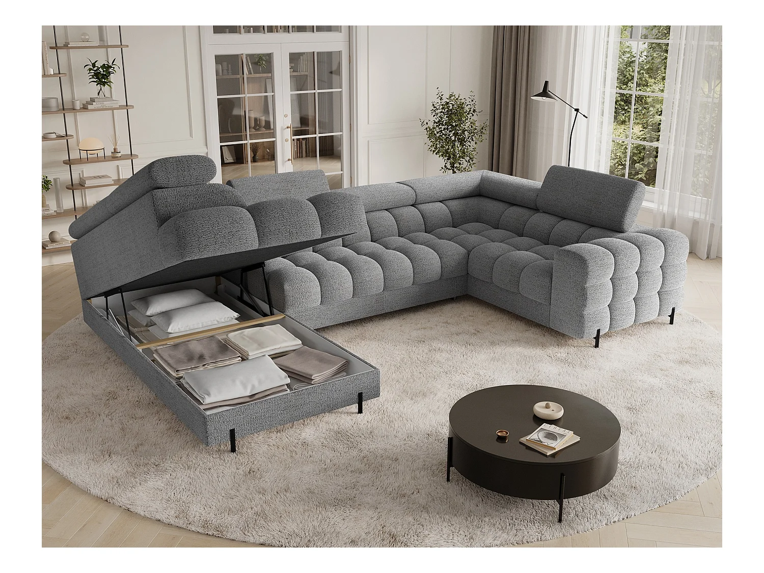 Grand canapé en U en tissu KARBON – Avec fonction lit et coffre-Gris-Méridienne A gauche