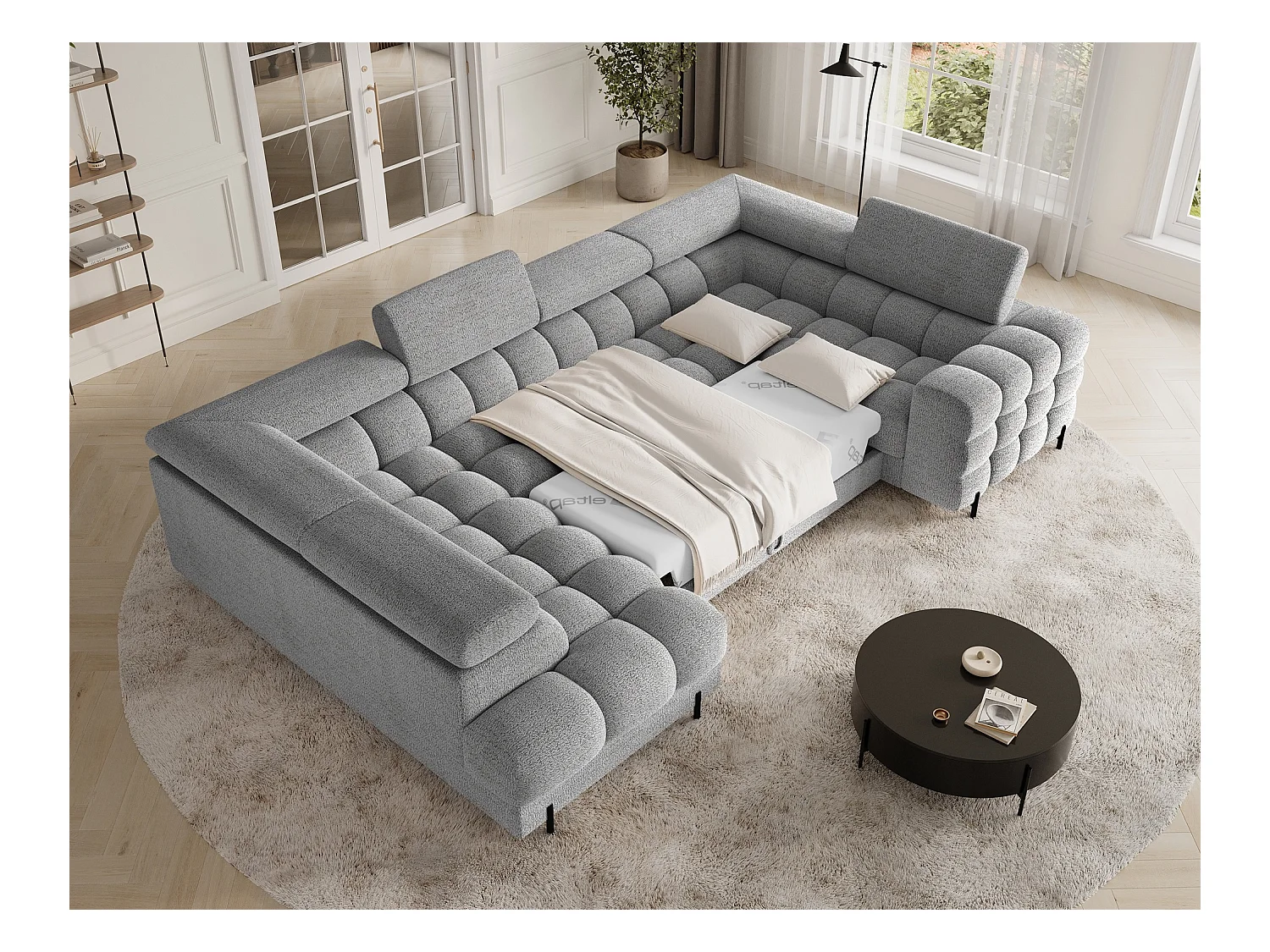 Grand canapé en U en tissu KARBON – Avec fonction lit et coffre-Gris-Méridienne A gauche