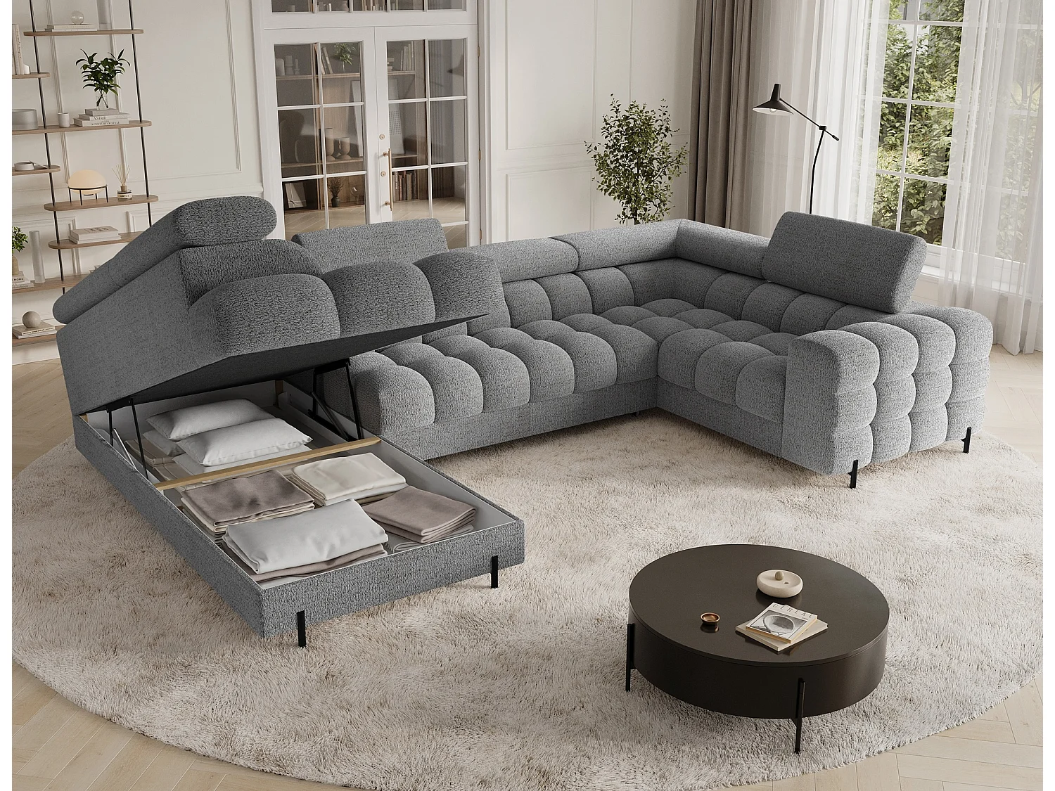 Grand canapé en U en tissu KARBON – Avec fonction lit et coffre-Gris-Méridienne A gauche