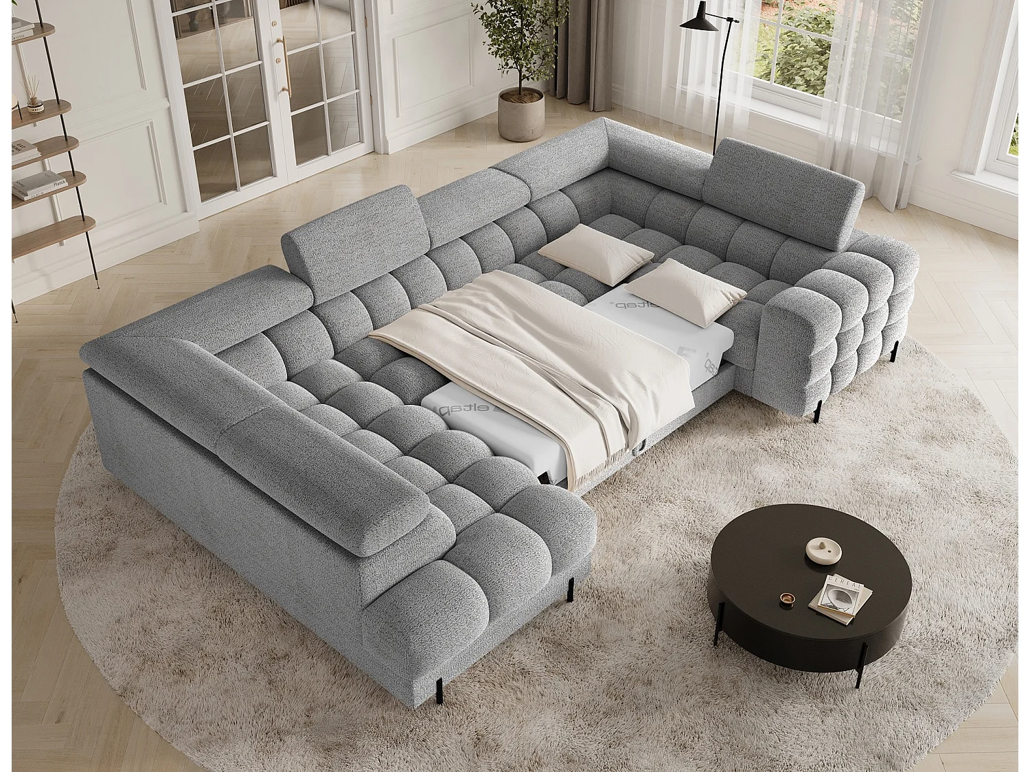 Grand canapé en U en tissu KARBON – Avec fonction lit et coffre-Gris-Méridienne A gauche