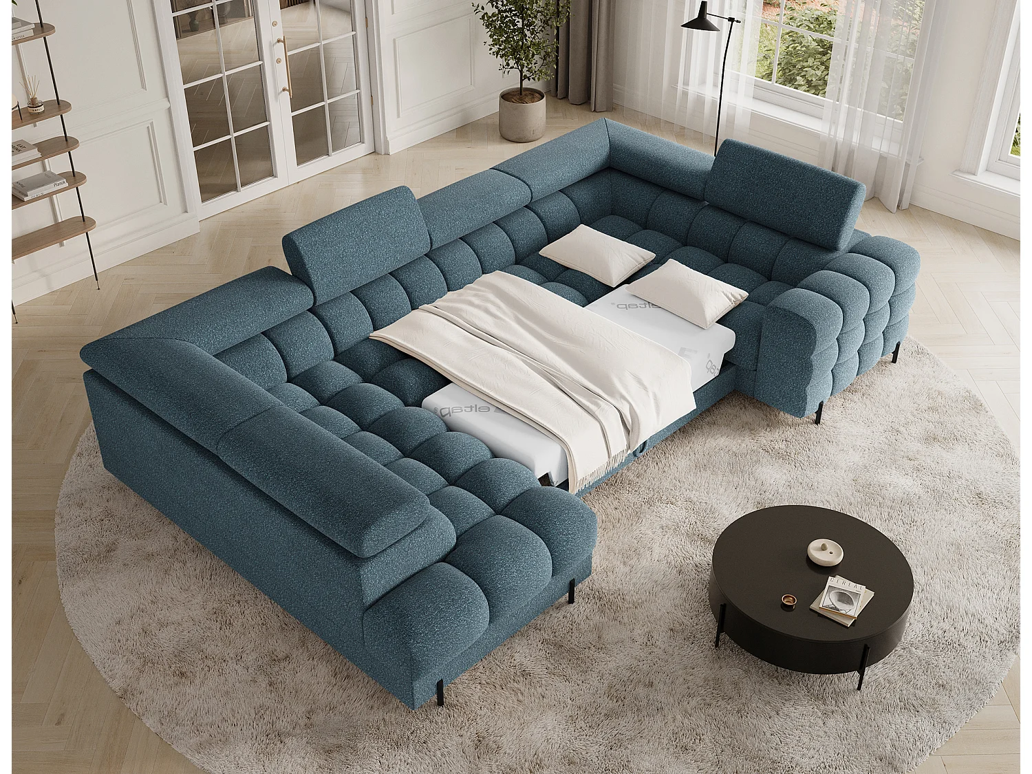 Ecksofa Brasilia UL/Stoffbezug/Bett&Bettbox/Blau