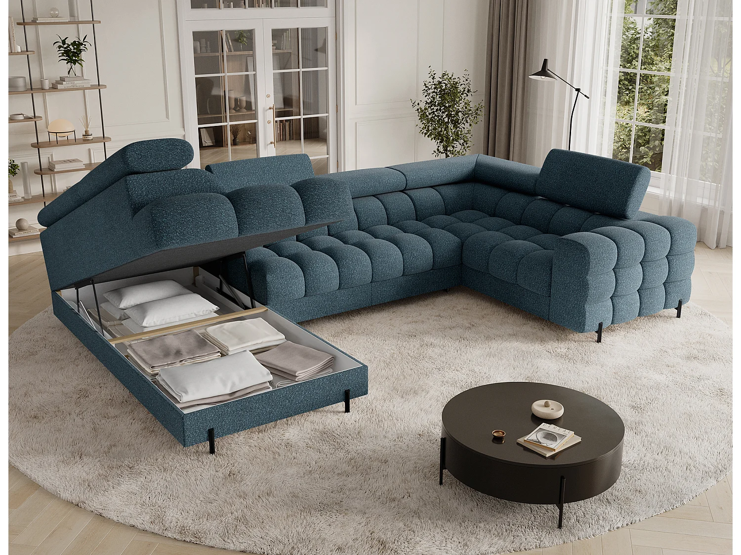 Ecksofa Brasilia UL/Stoffbezug/Bett&Bettbox/Blau