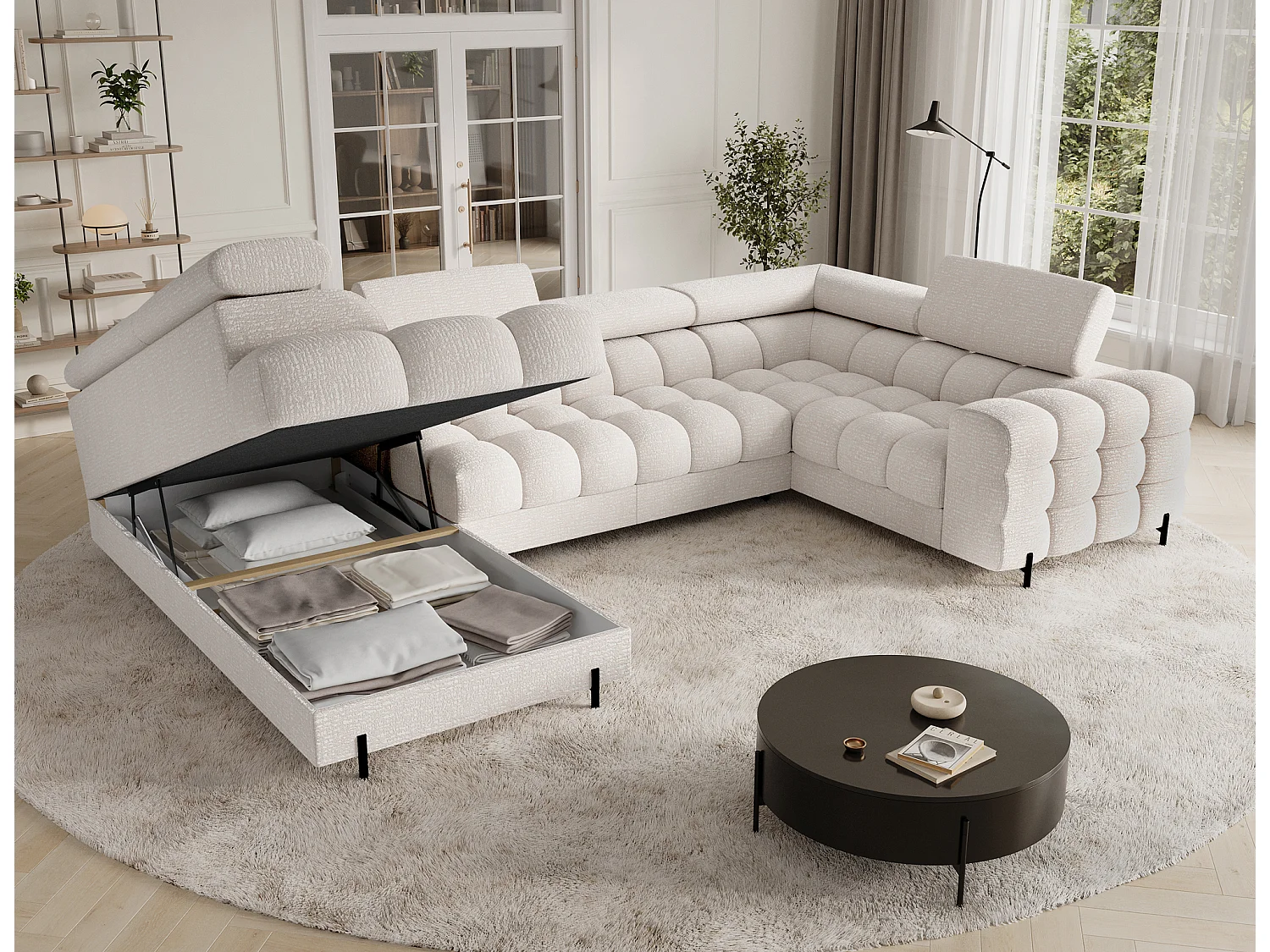 Divano angolare Brasilia UL/rivestimento in tessuto/contenitore letto e letto/Beige