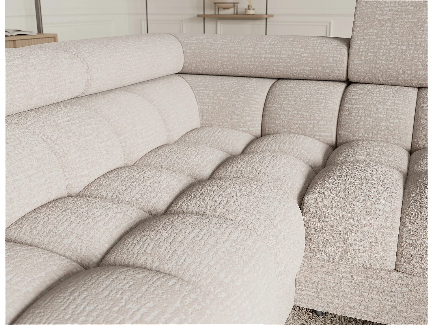 Divano angolare Brasilia UL/rivestimento in tessuto/contenitore letto e letto/Beige