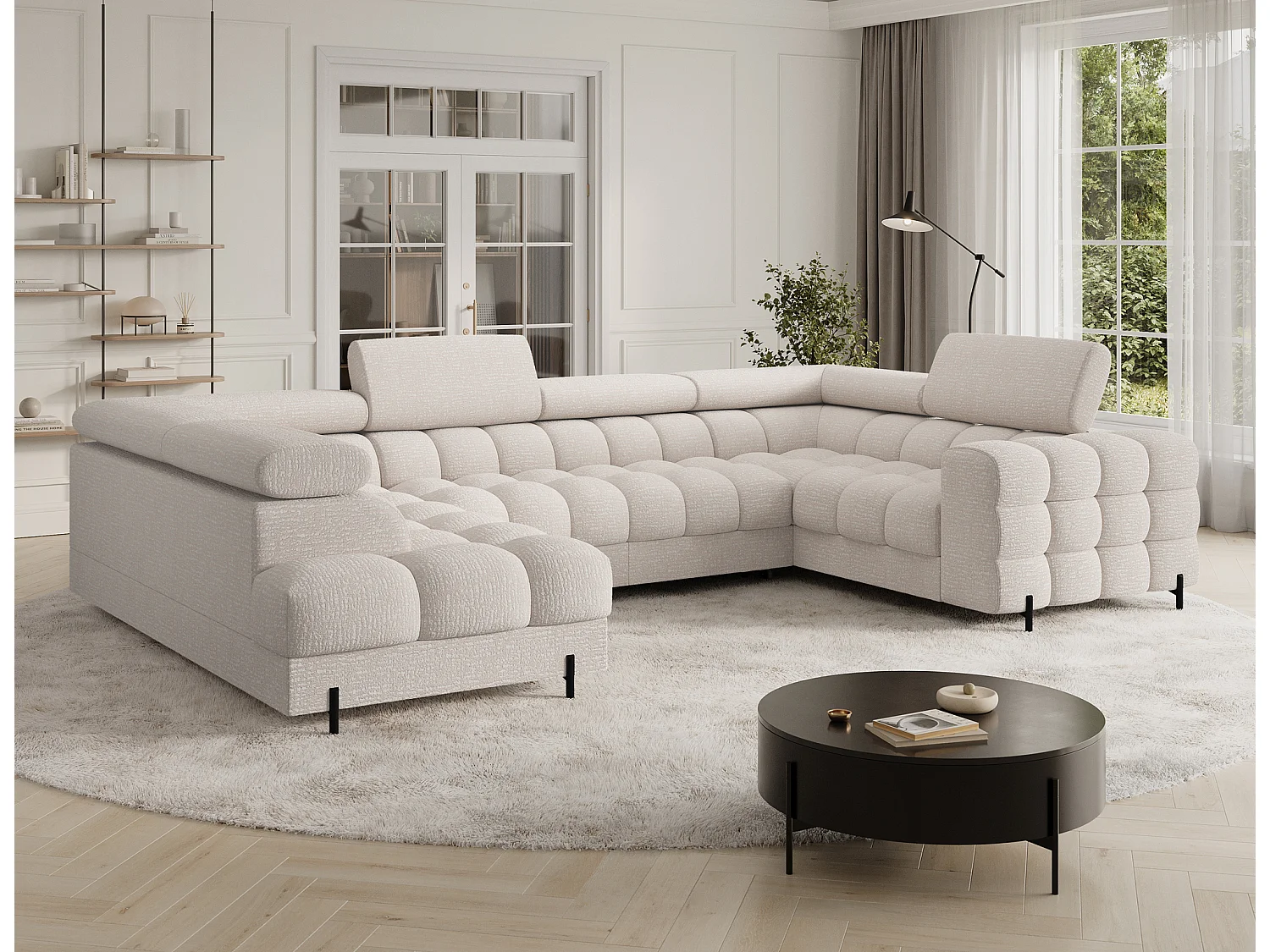 Divano angolare Brasilia UL/rivestimento in tessuto/contenitore letto e letto/Beige