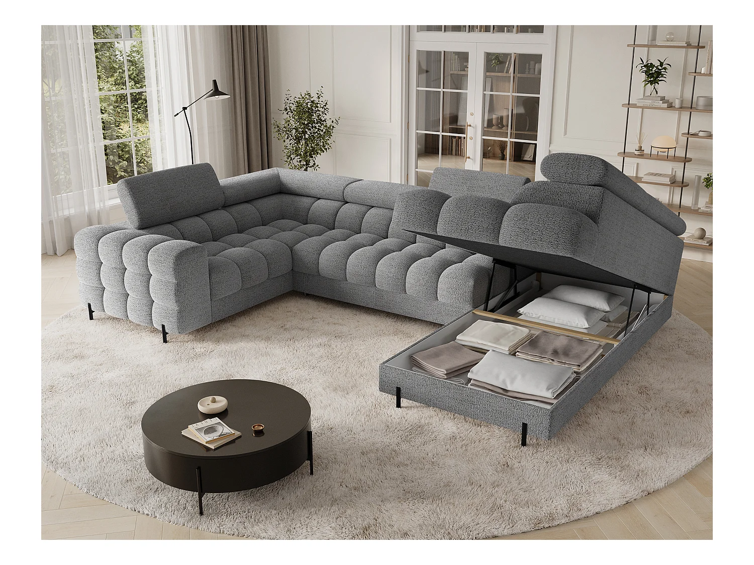 Grand canapé en U en tissu KARBON – Avec fonction lit et coffre-Gris-Méridienne A droite