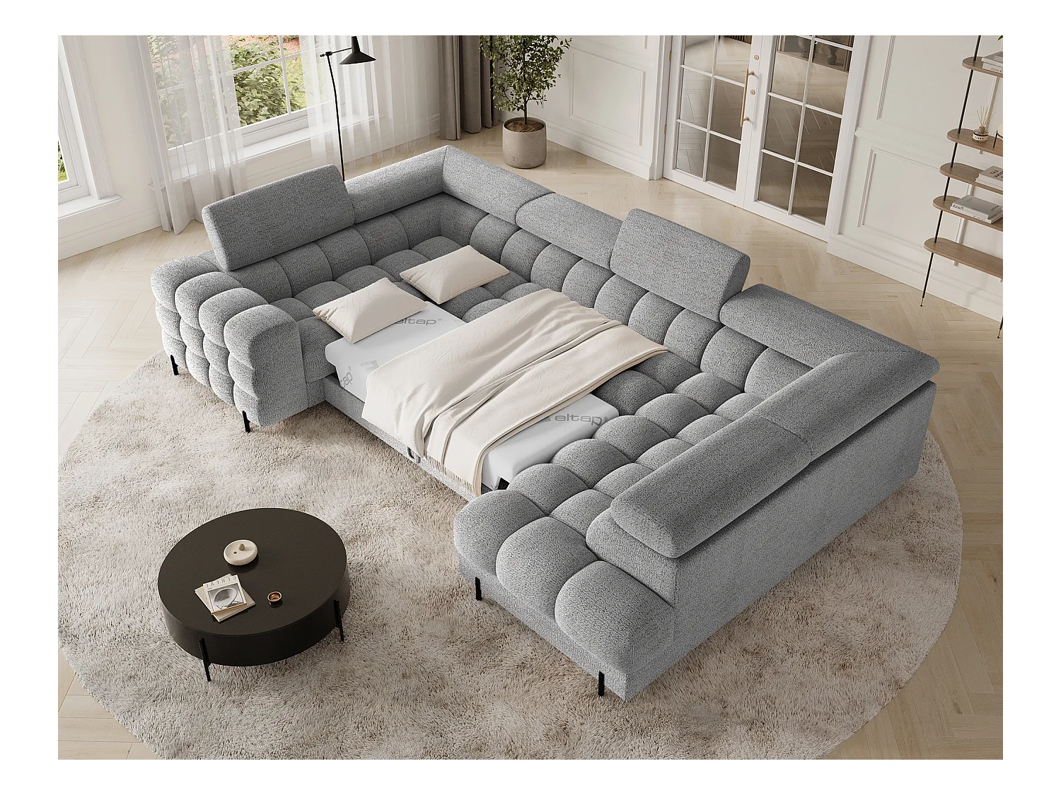 Grand canapé en U en tissu KARBON – Avec fonction lit et coffre-Gris-Méridienne A droite