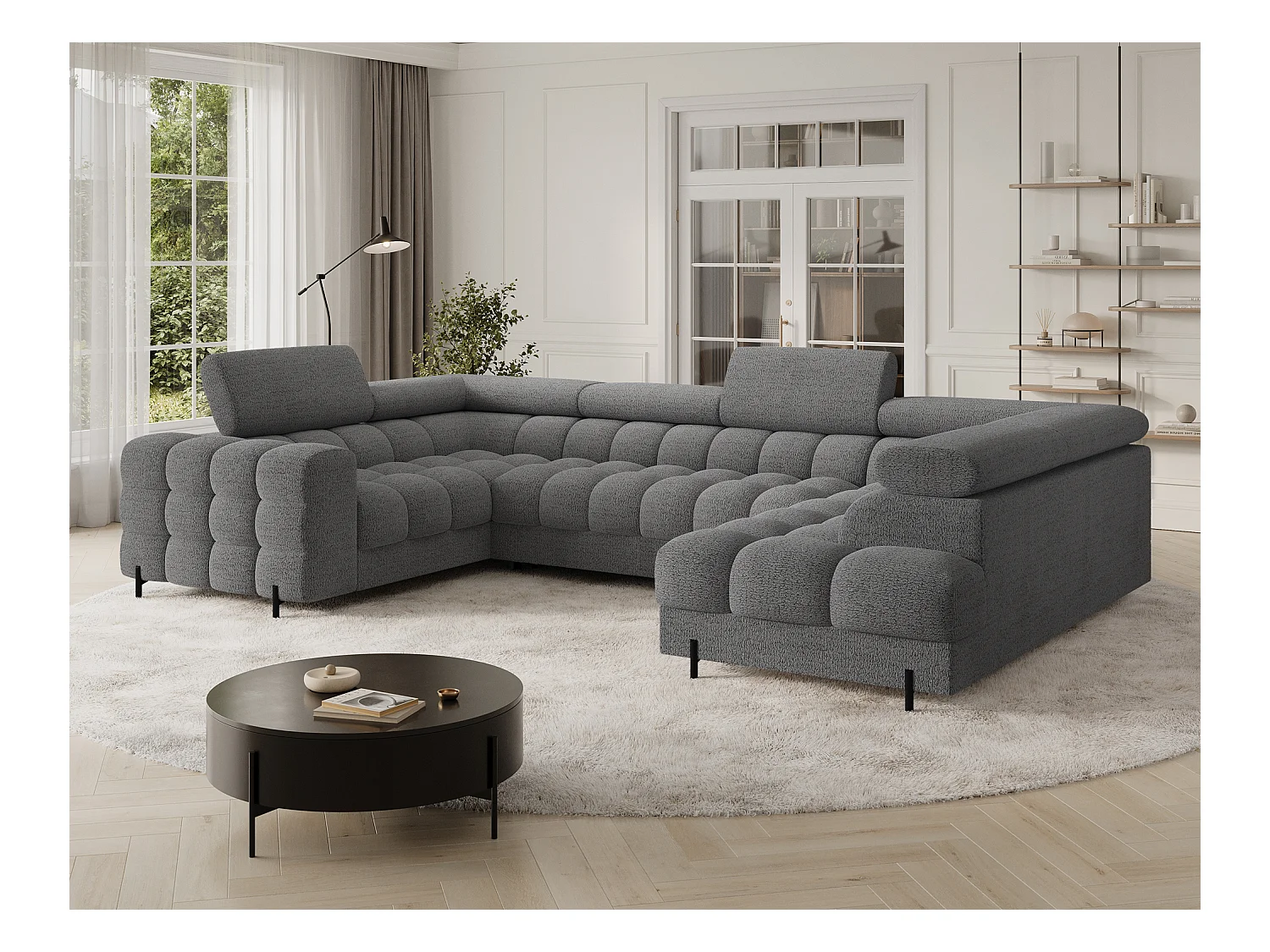 Grand canapé en U en tissu KARBON – Avec fonction lit et coffre-Gris-Méridienne A droite