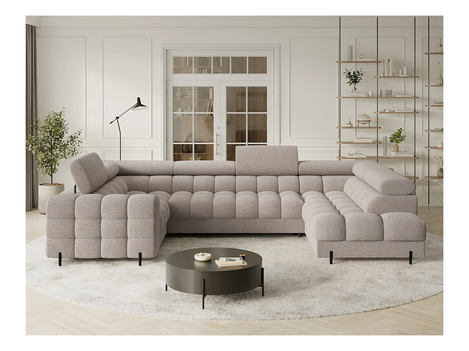 Divano angolare Brasilia UR/rivestimento in tessuto/contenitore letto e letto/Beige-Bouclé