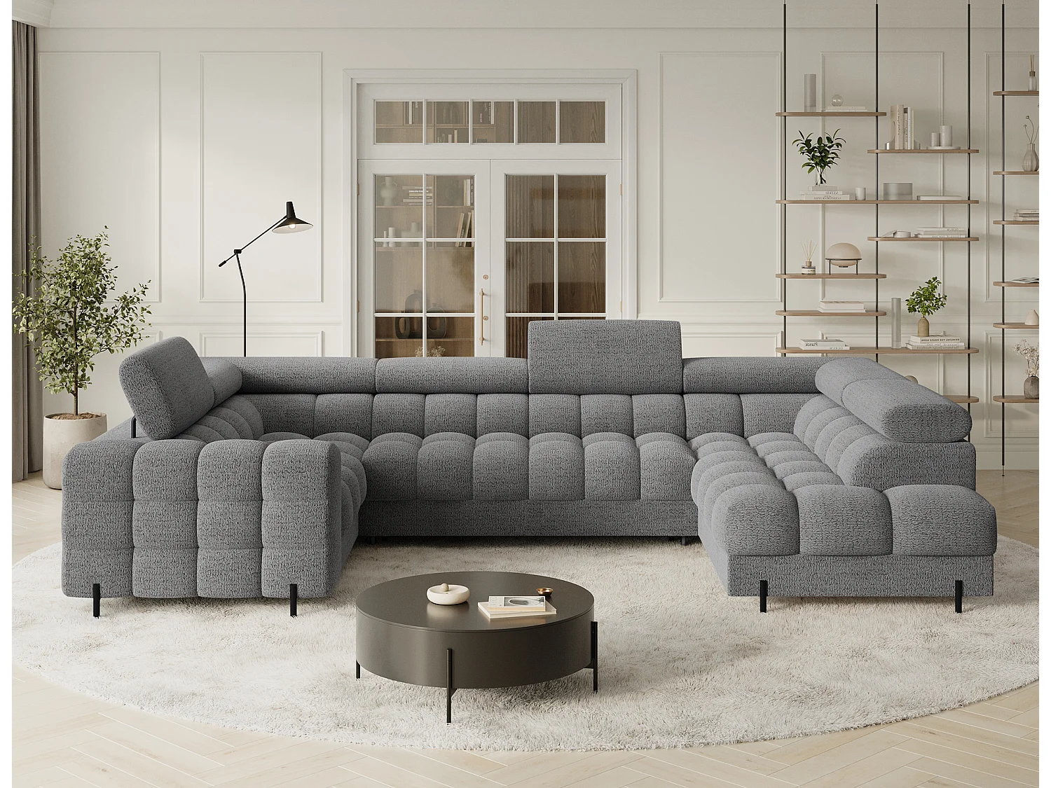 Grand canapé en U en tissu KARBON – Avec fonction lit et coffre-Gris-Méridienne A droite