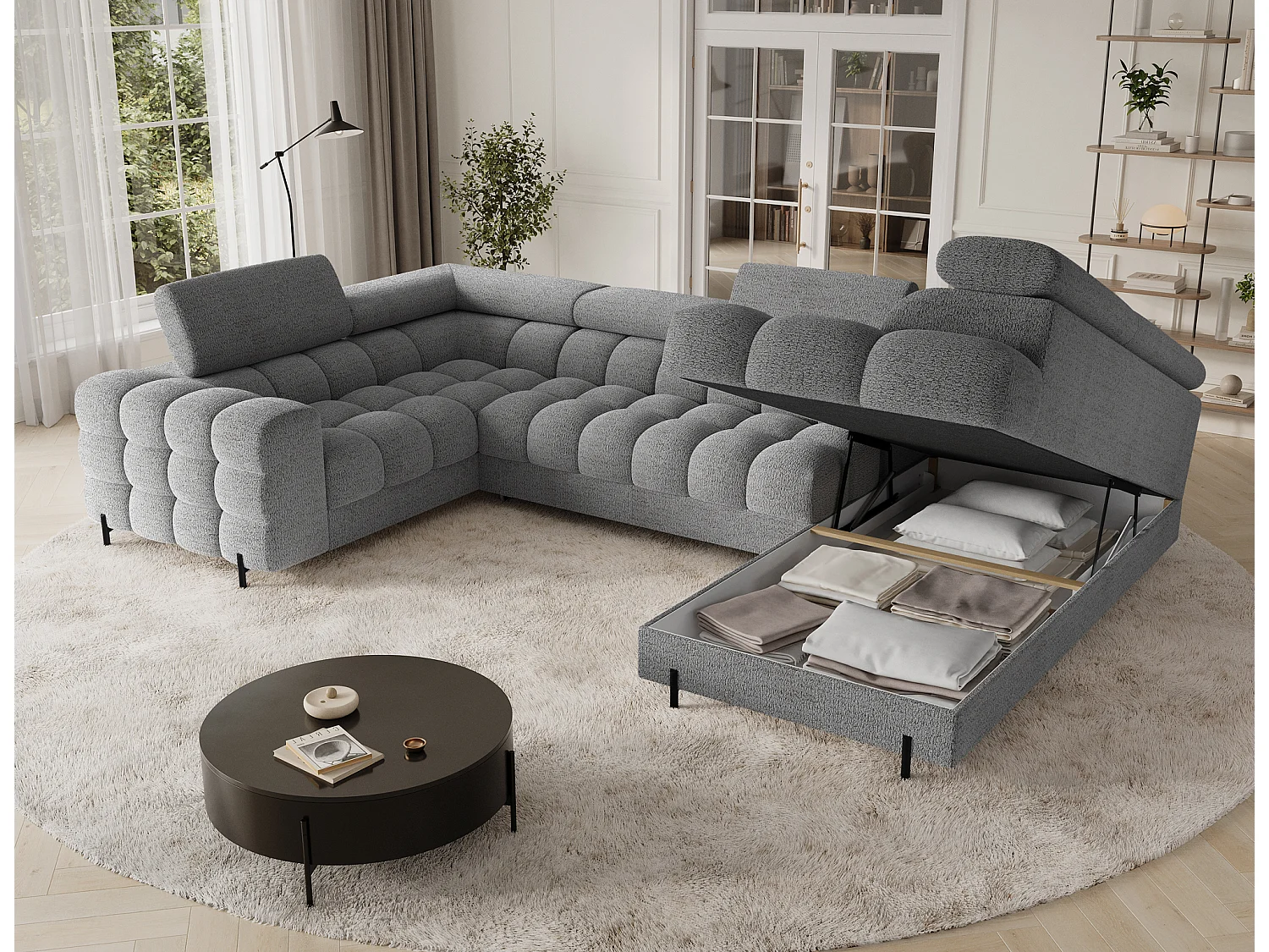 Grand canapé en U en tissu KARBON – Avec fonction lit et coffre-Gris-Méridienne A droite