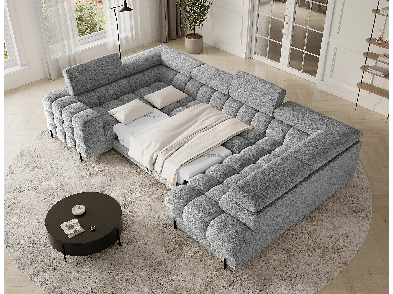 Grand canapé en U en tissu KARBON – Avec fonction lit et coffre-Gris-Méridienne A droite
