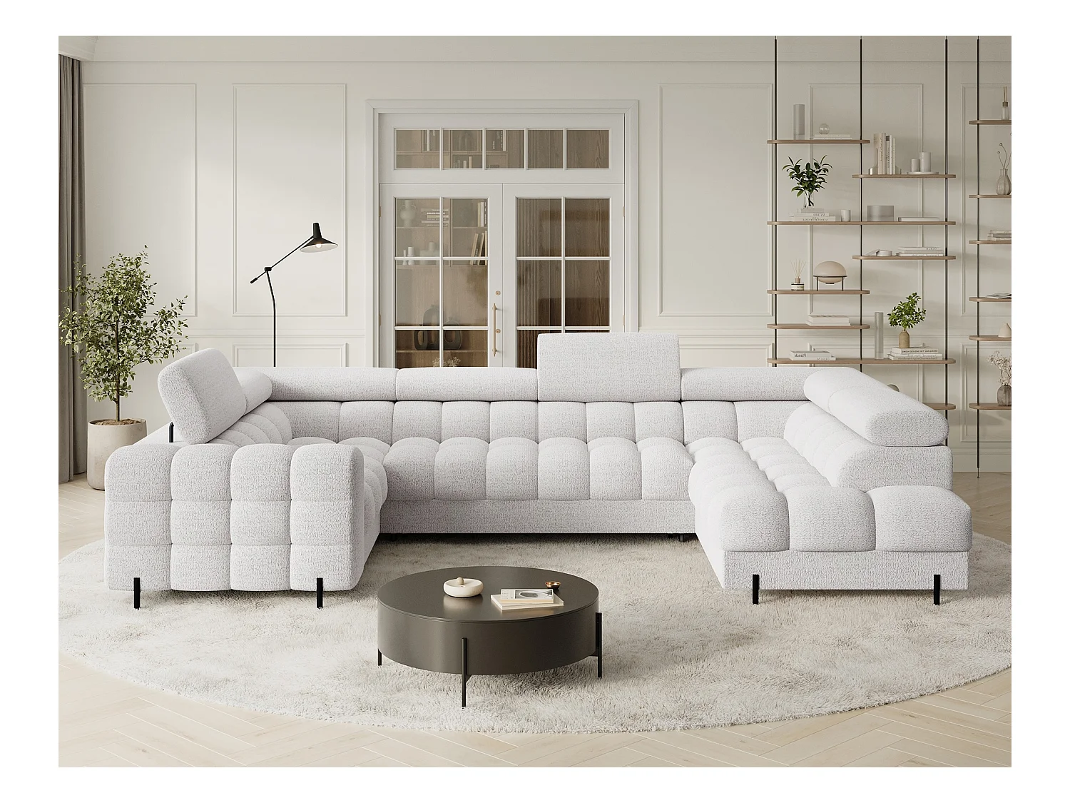 Grand canapé en U en tissu KARBON – Avec fonction lit et coffre-Blanc-Méridienne A droite