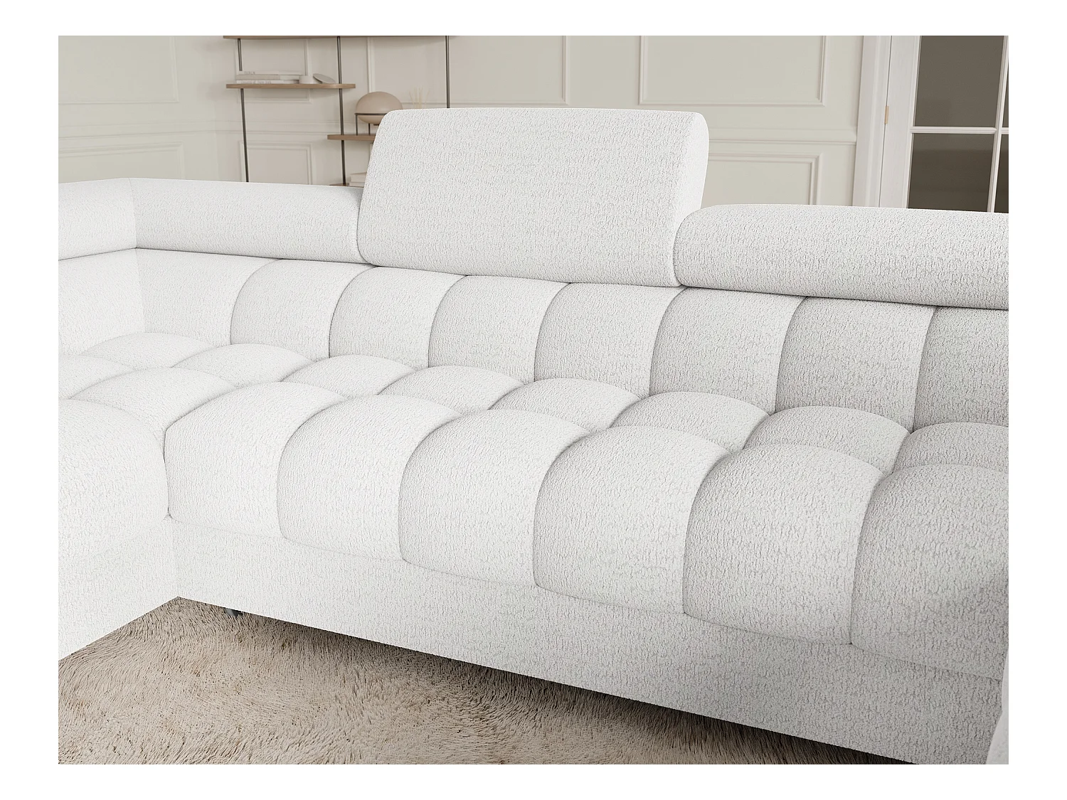 Grand canapé en U en tissu KARBON – Avec fonction lit et coffre-Blanc-Méridienne A droite