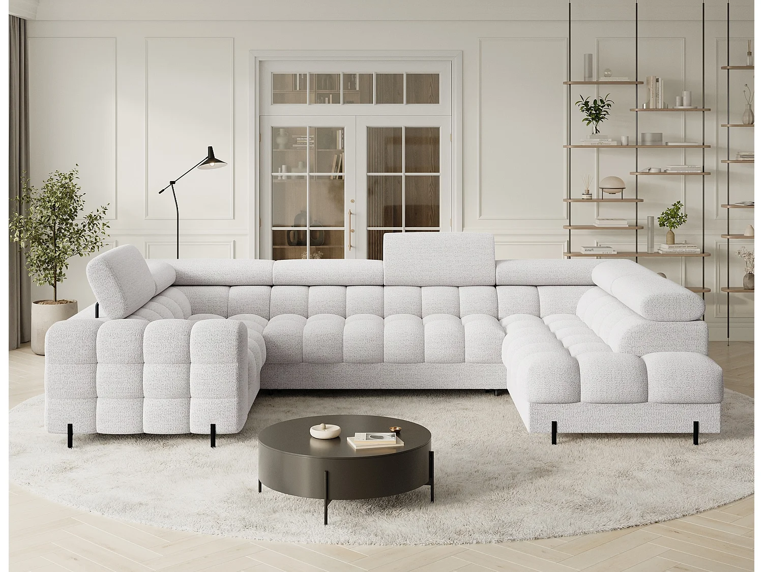 Grand canapé en U en tissu KARBON – Avec fonction lit et coffre-Blanc-Méridienne A droite