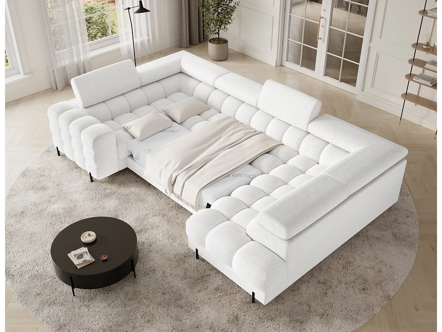 Grand canapé en U en tissu KARBON – Avec fonction lit et coffre-Blanc-Méridienne A droite