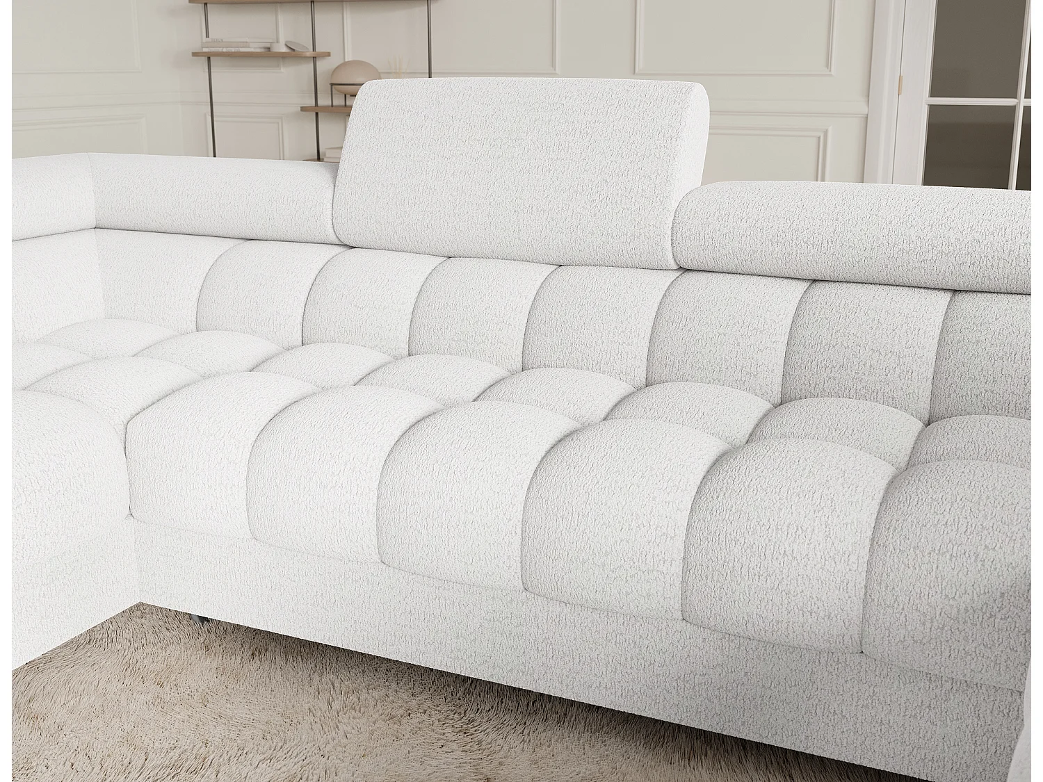 Grand canapé en U en tissu KARBON – Avec fonction lit et coffre-Blanc-Méridienne A droite