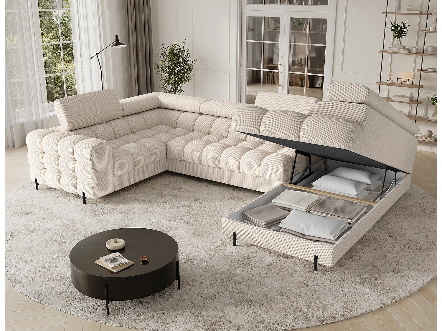 Canapé d'angle Brasilia UR/revêtement en tissu/lit et coffre de lit/Beige