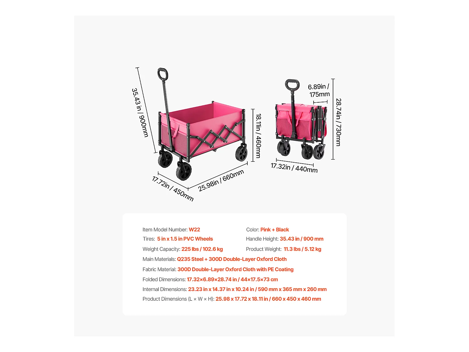 Chariot de Transport SucceBuy Chariot de Jardin Pliable Robuste Extérieur 120 L 102 kg Rose