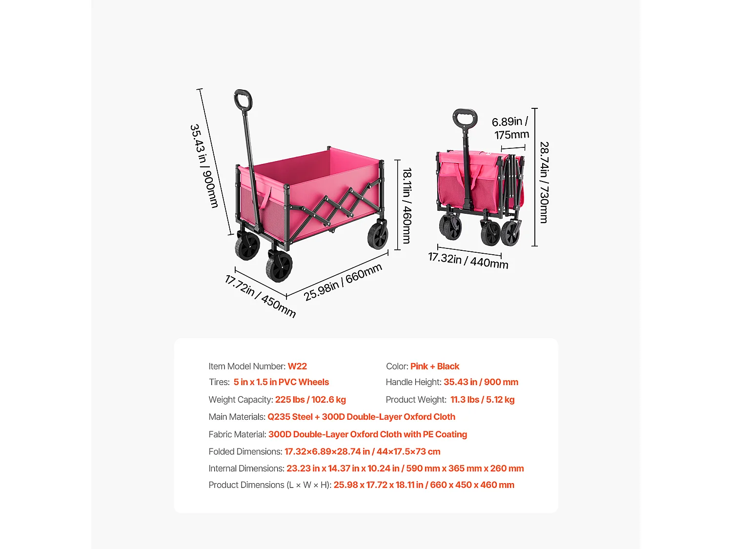 Chariot de Transport SucceBuy Chariot de Jardin Pliable Robuste Extérieur 120 L 102 kg Rose