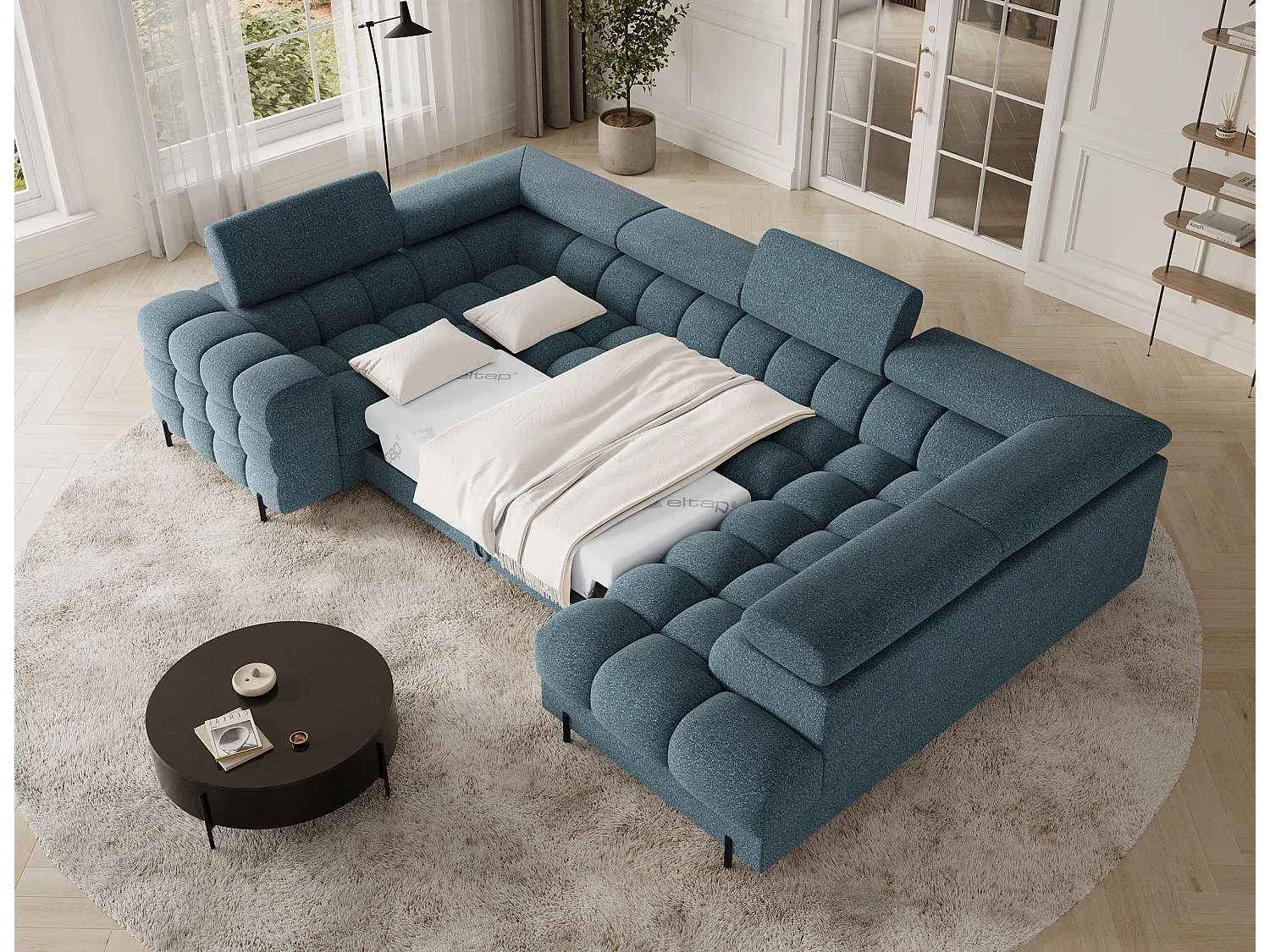 Ecksofa Brasilia UR/Stoffbezug/Bett&Bettbox/Blau