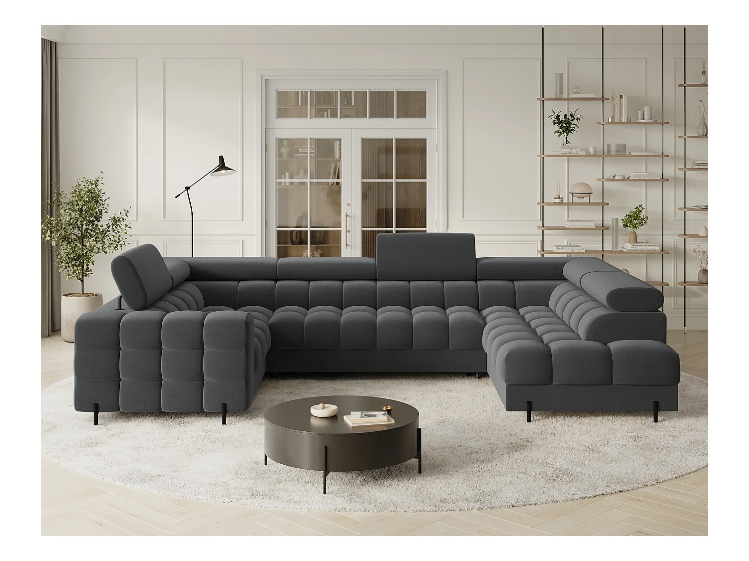 Grand canapé en U en tissu KARBON – Avec fonction lit et coffre-Gris anthracite-Méridienne A droite