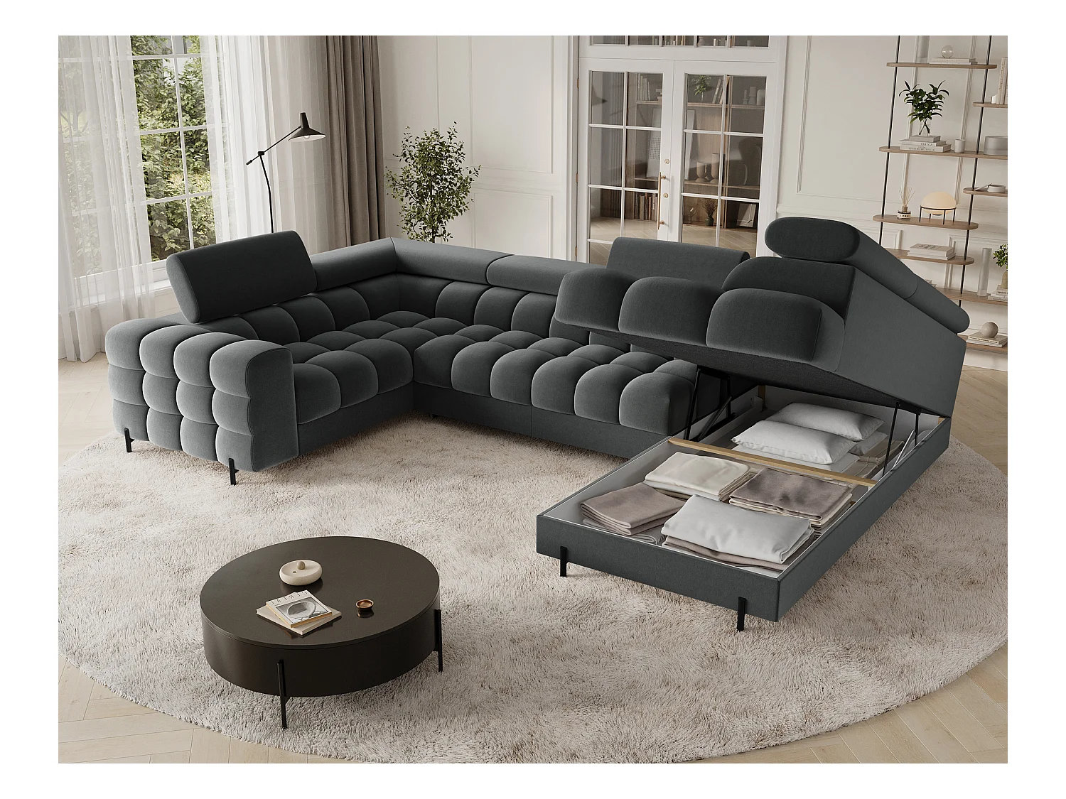 Grand canapé en U en tissu KARBON – Avec fonction lit et coffre-Gris anthracite-Méridienne A droite