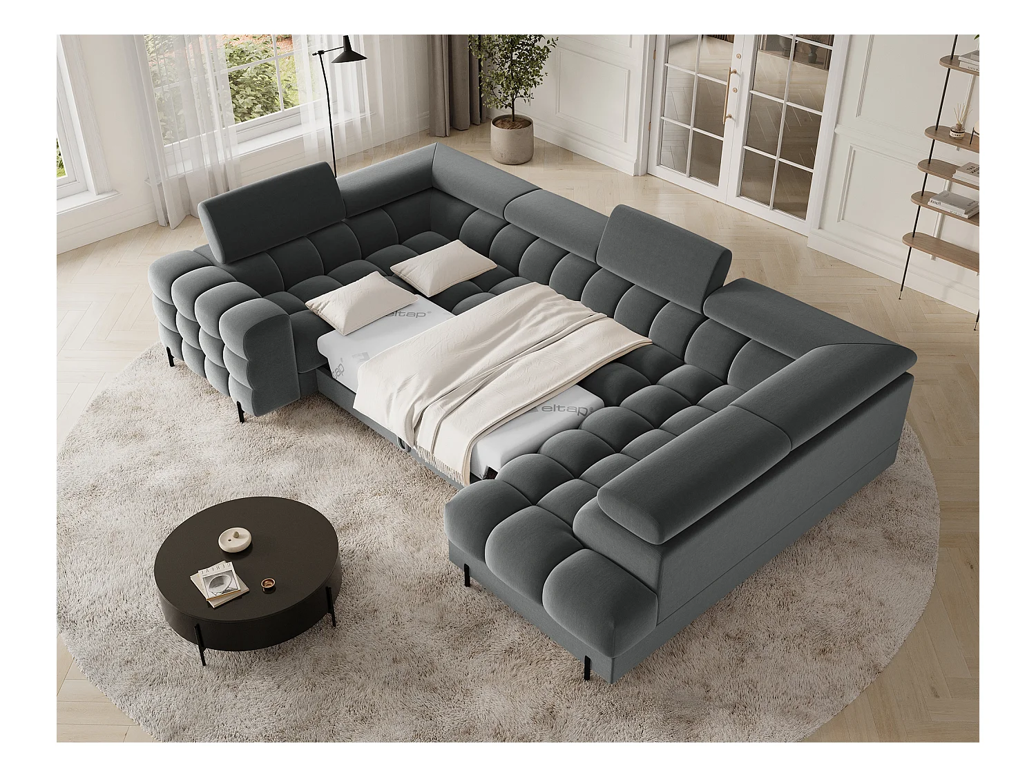 Grand canapé en U en tissu KARBON – Avec fonction lit et coffre-Gris anthracite-Méridienne A droite