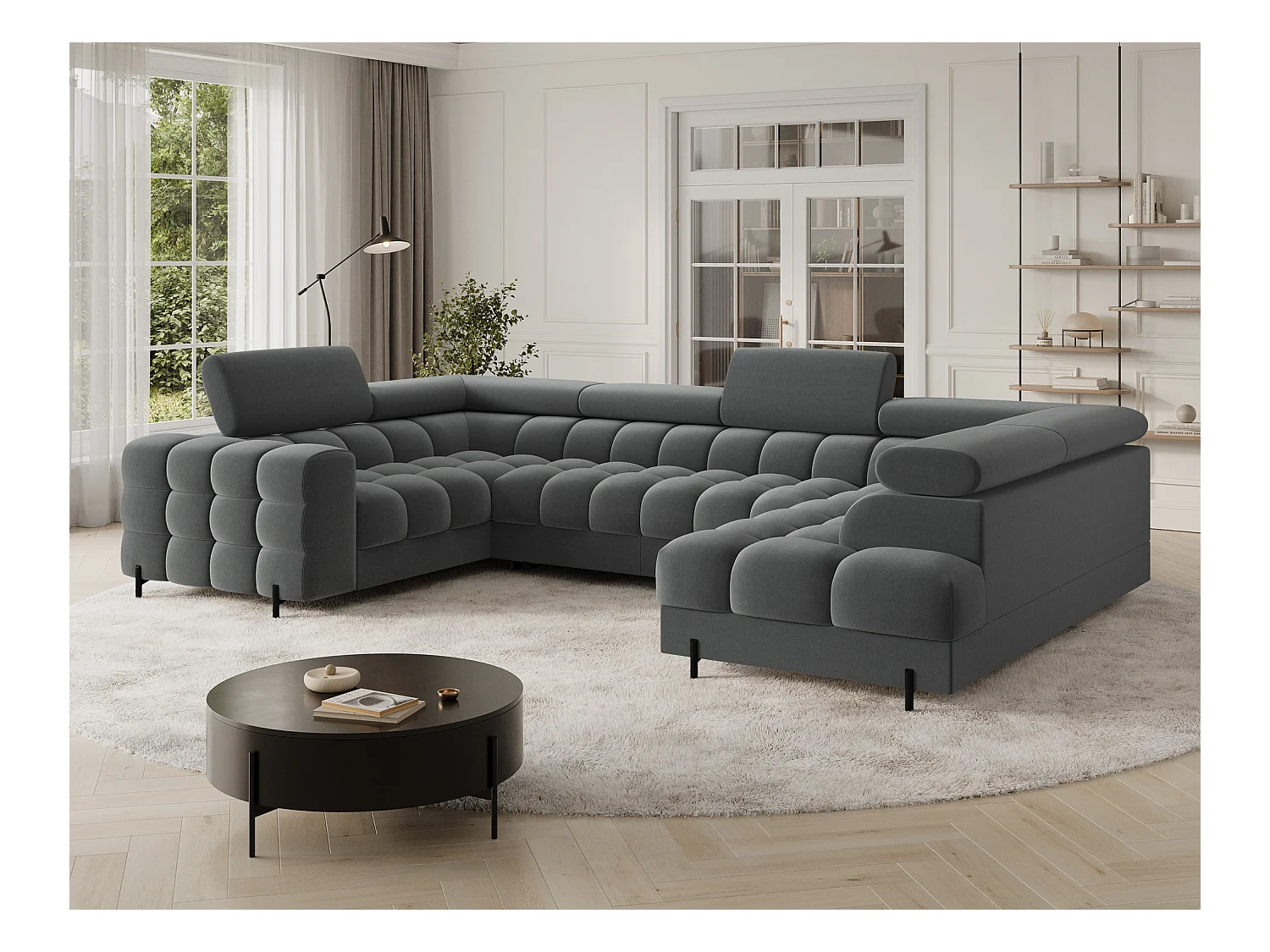 Grand canapé en U en tissu KARBON – Avec fonction lit et coffre-Gris anthracite-Méridienne A droite