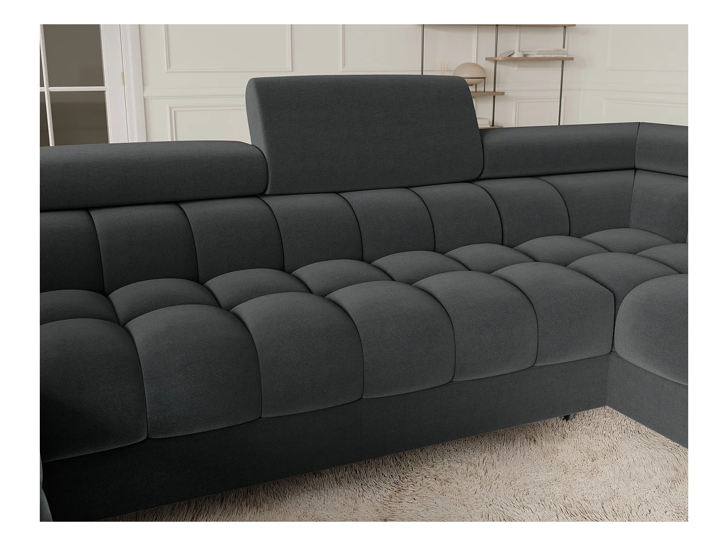 Grand canapé en U en tissu KARBON – Avec fonction lit et coffre-Gris anthracite-Méridienne A droite