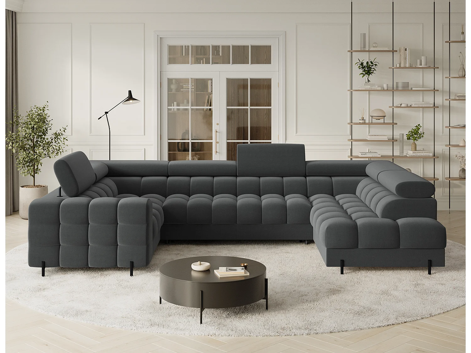 Grand canapé en U en tissu KARBON – Avec fonction lit et coffre-Gris anthracite-Méridienne A droite