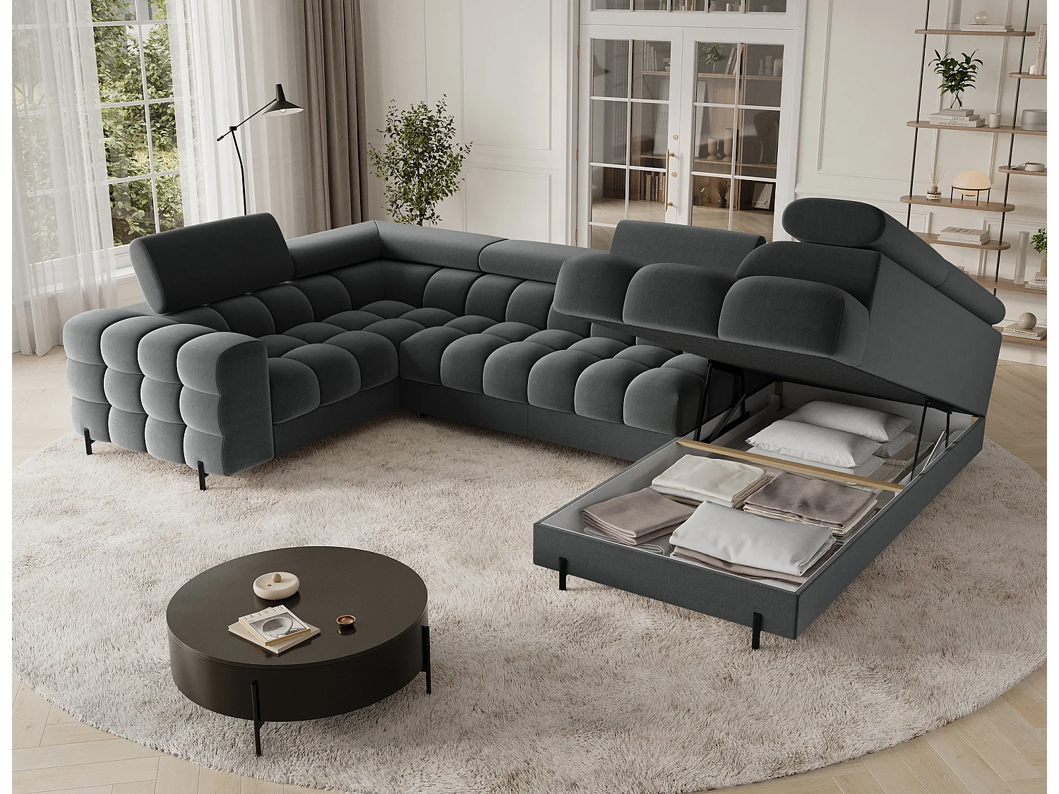 Grand canapé en U en tissu KARBON – Avec fonction lit et coffre-Gris anthracite-Méridienne A droite